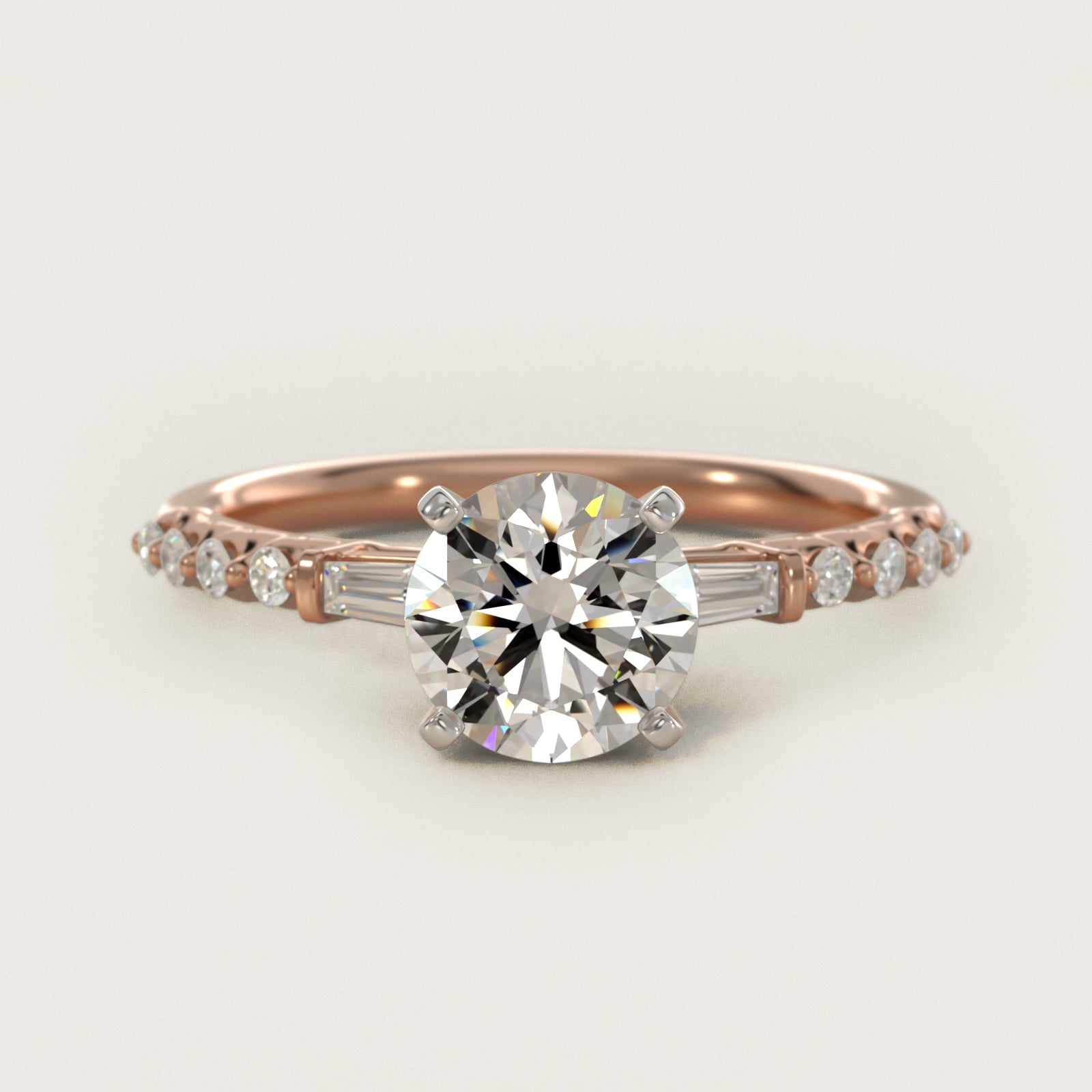 Petite Baguette and Floating Round Diamond Engagement Ring in 18k Rose Gold (1/5 ct. tw.) - Round Center