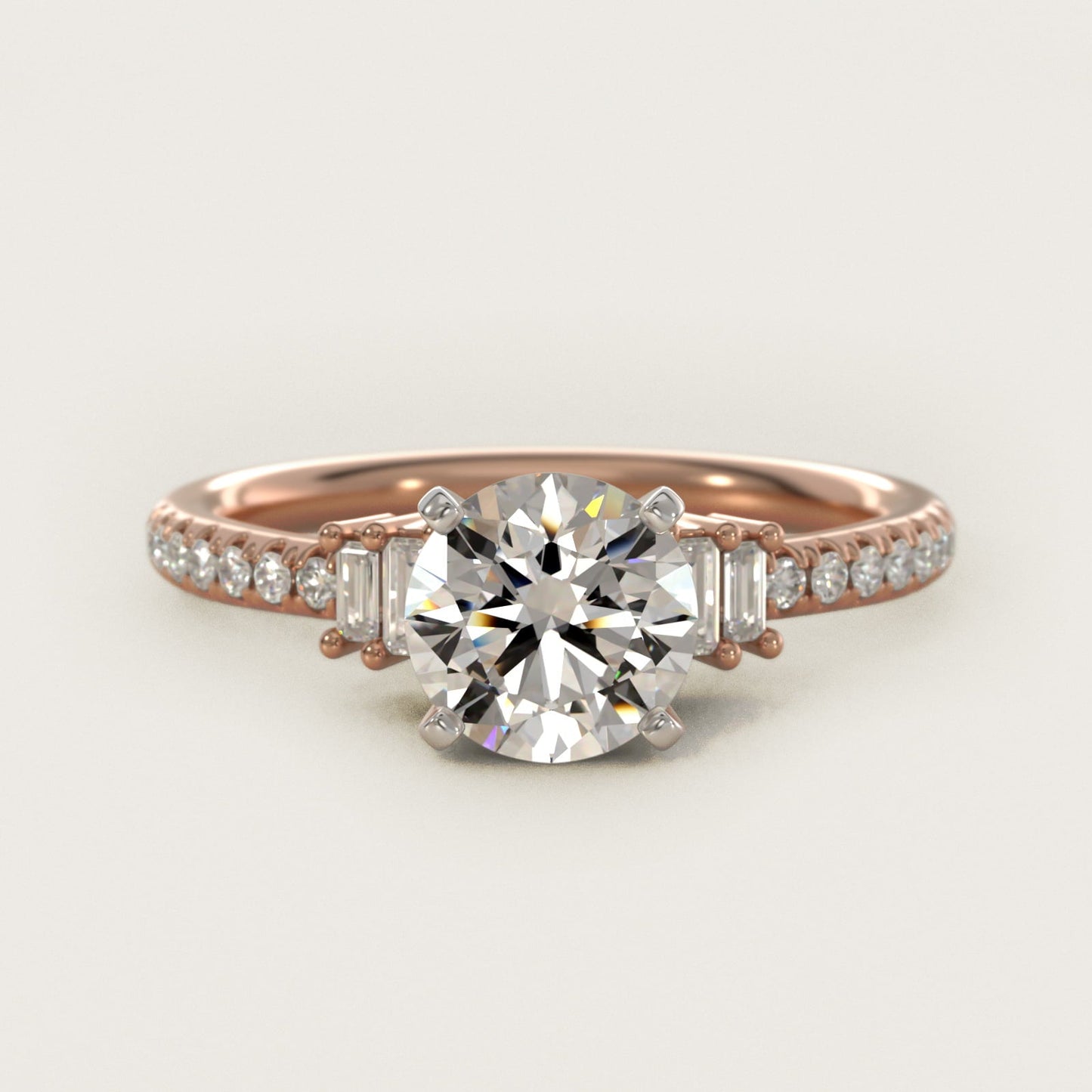 Petite Baguette and Pav? Diamond Engagement Ring in 18k Rose Gold - Round Center
