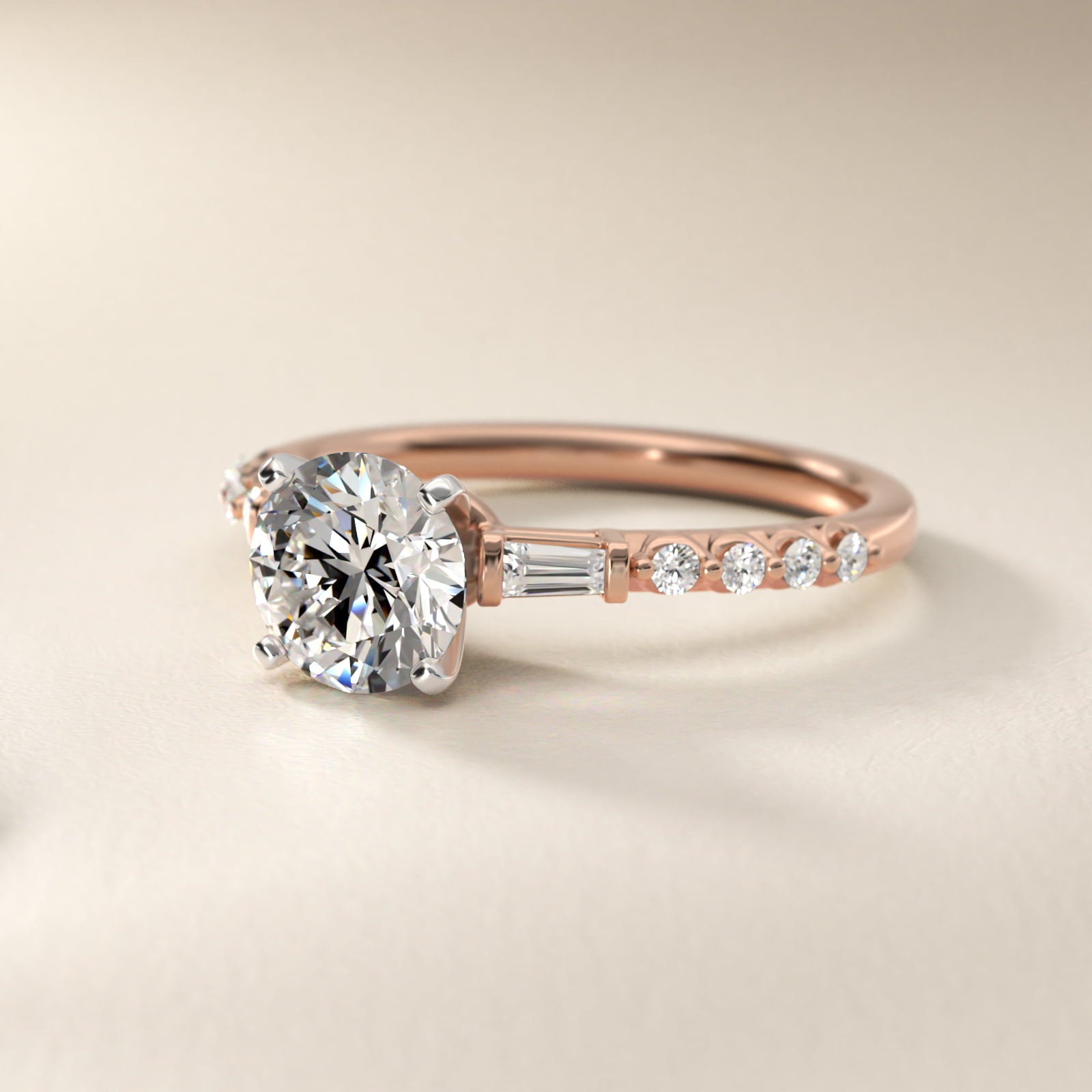 Petite Baguette and Floating Round Diamond Engagement Ring in 18k Rose Gold (1/5 ct. tw.) - Round Center