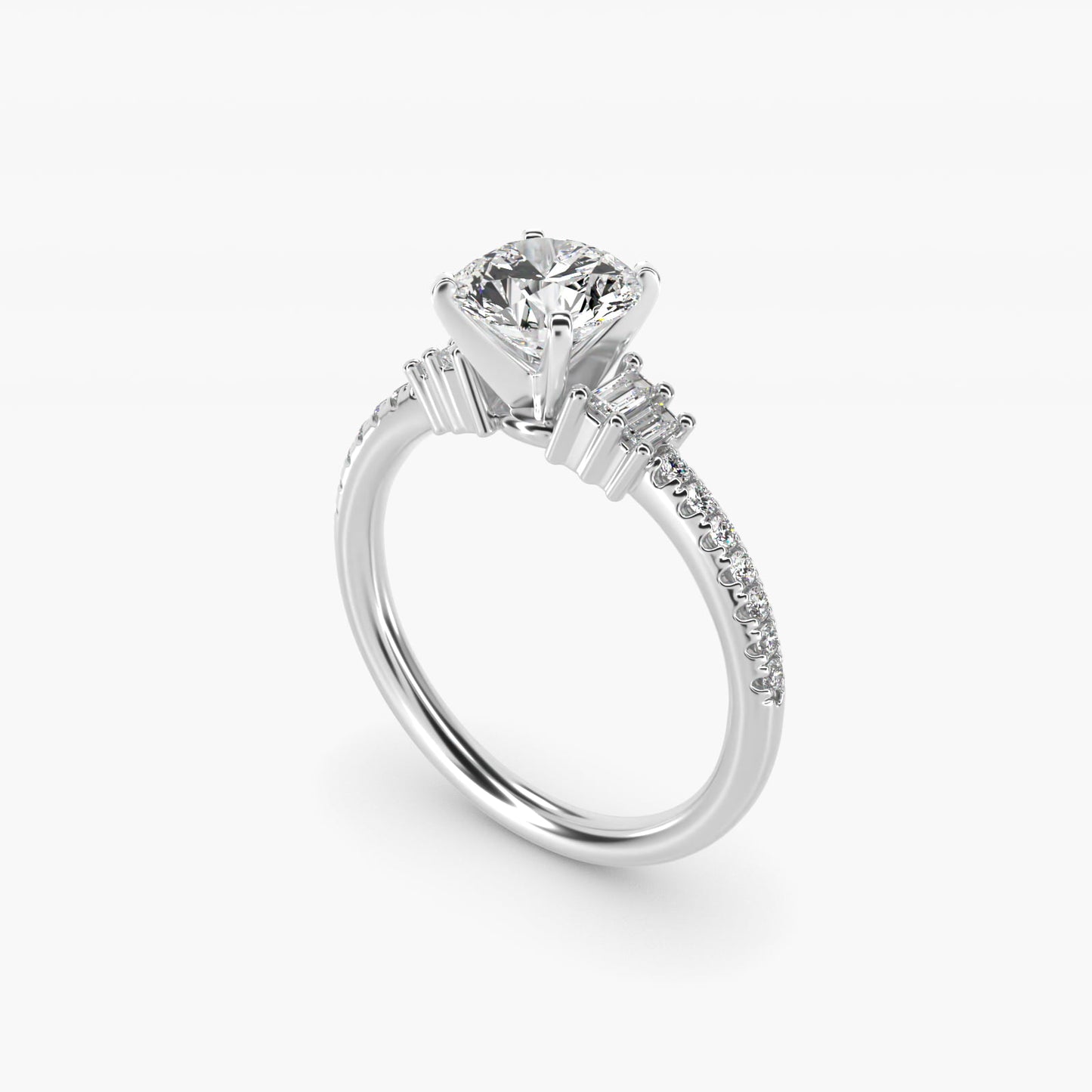 Petite Baguette and PavŽ Diamond Engagement Ring in 14k White Gold - Round Center