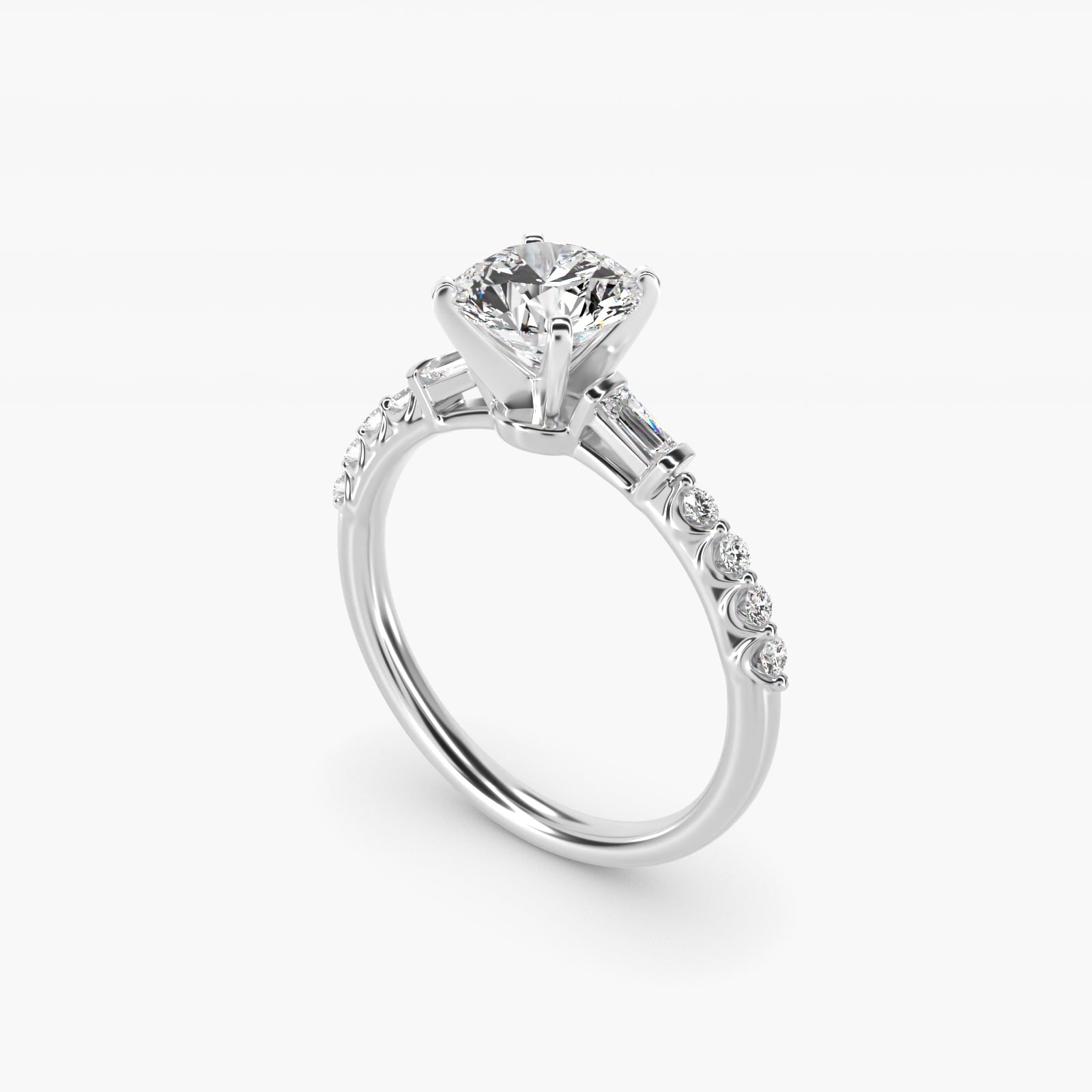 Petite Baguette and Floating Round Diamond Engagement Ring in 14k White Gold (1/5 ct. tw.) - Round Center