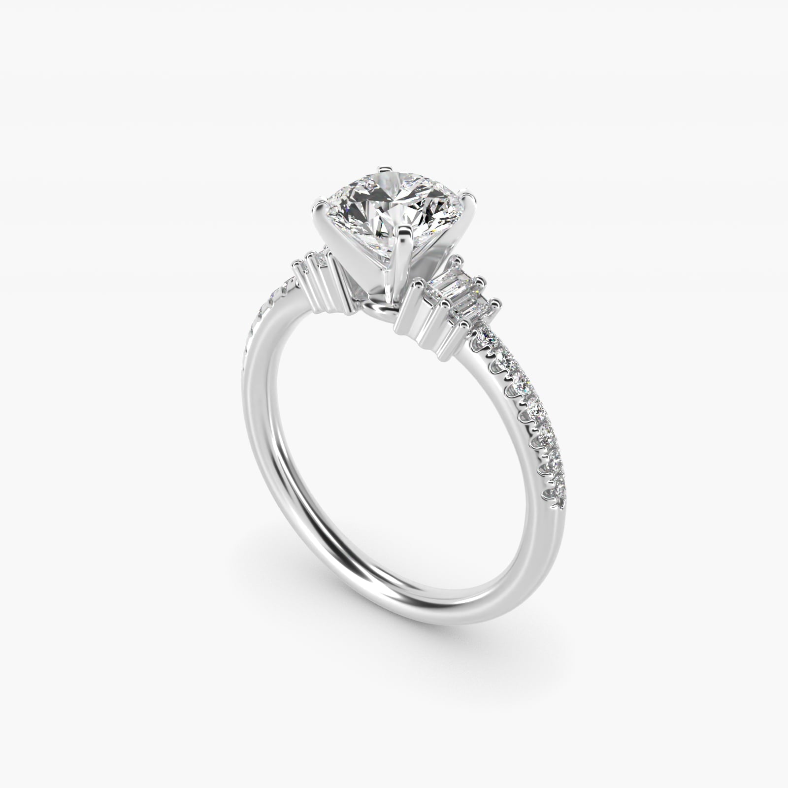 Petite Baguette and Pav? Diamond Engagement Ring in 18k White Gold - Round Center