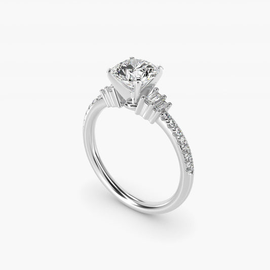 Petite Baguette and Pav? Diamond Engagement Ring in 18k White Gold - Round Center