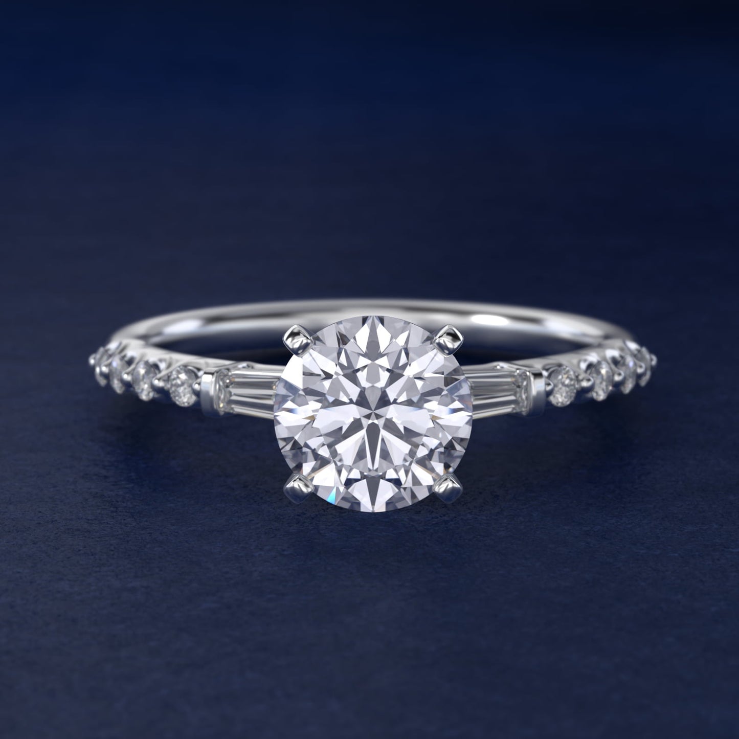 Petite Baguette and Floating Round Diamond Engagement Ring in 14k White Gold (1/5 ct. tw.) - Round Center