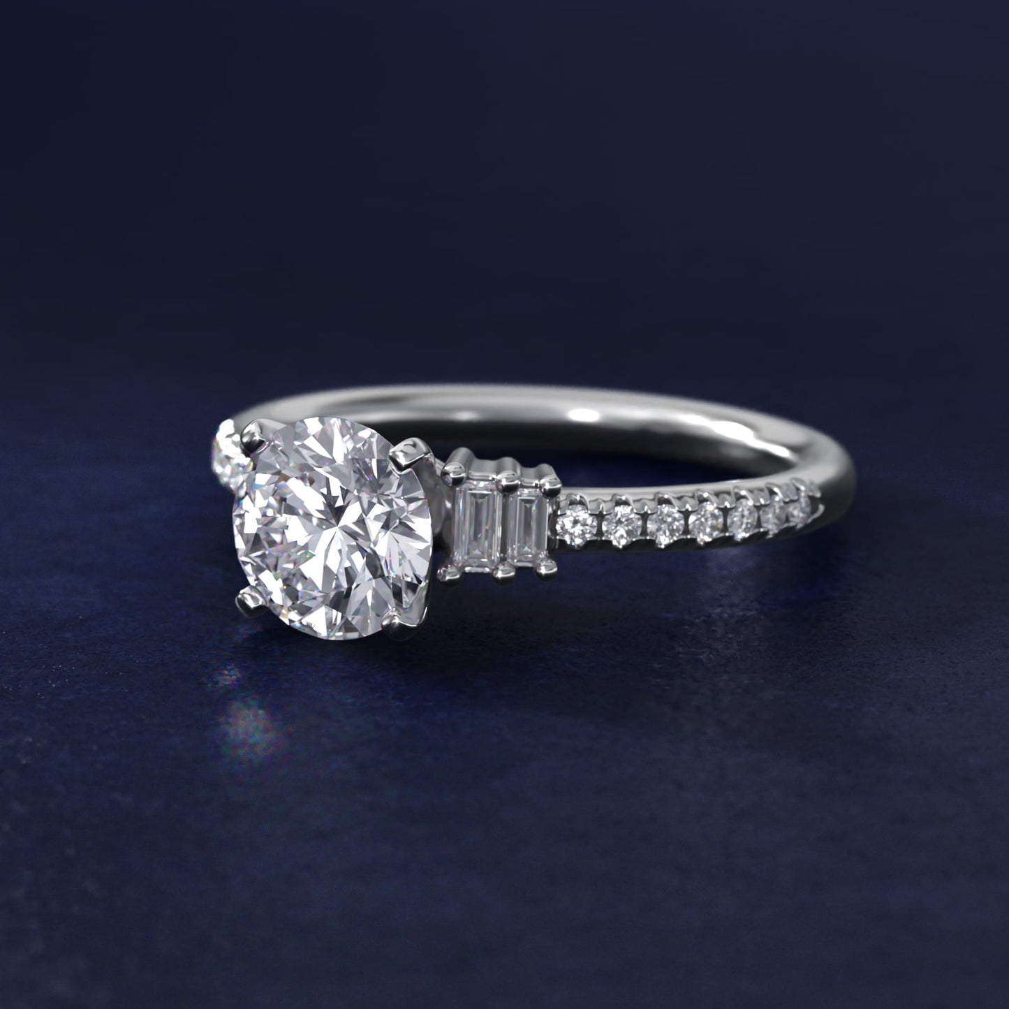 Petite Baguette and PavŽ Diamond Engagement Ring in 14k White Gold - Round Center