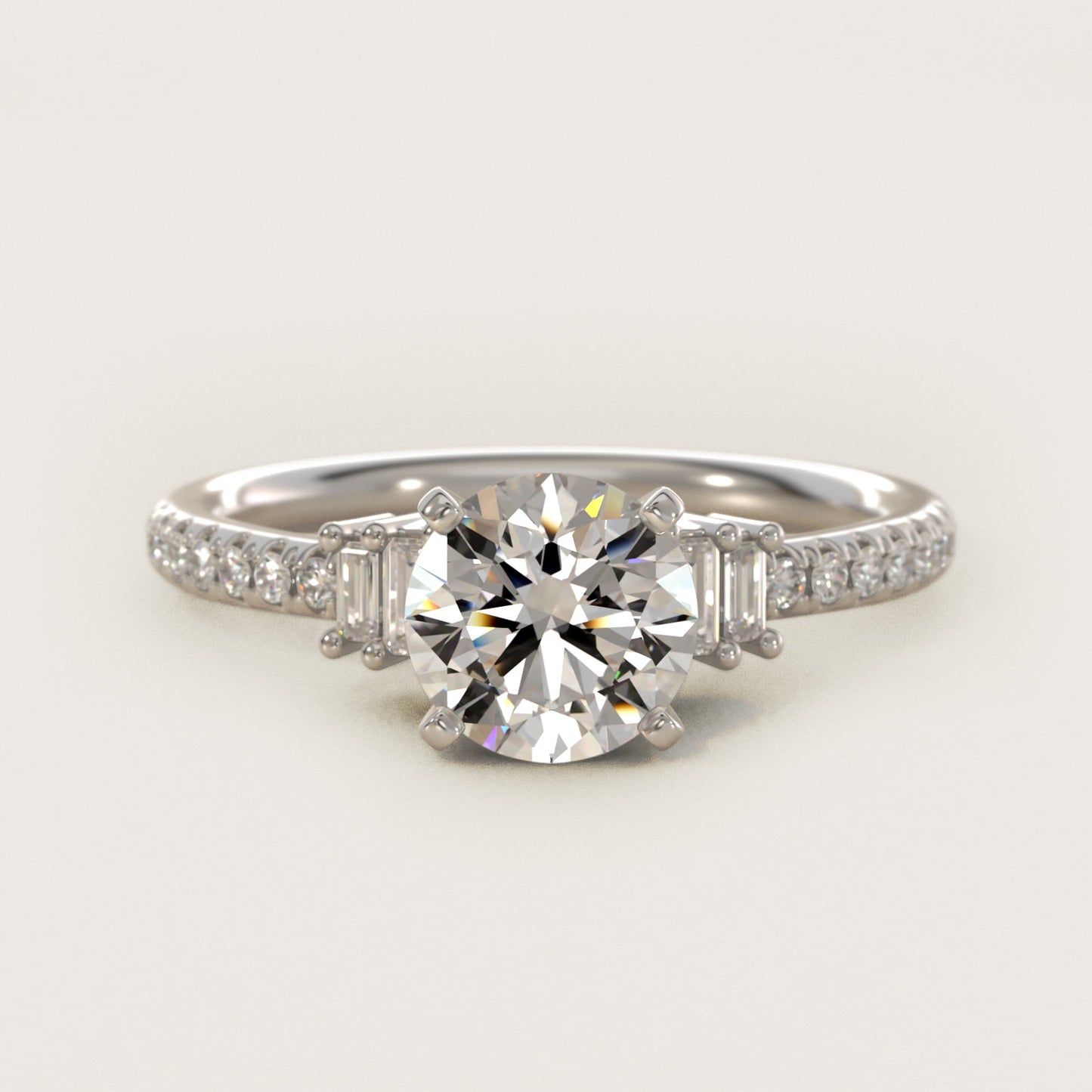 Petite Baguette and PavŽ Diamond Engagement Ring in 14k White Gold - Round Center
