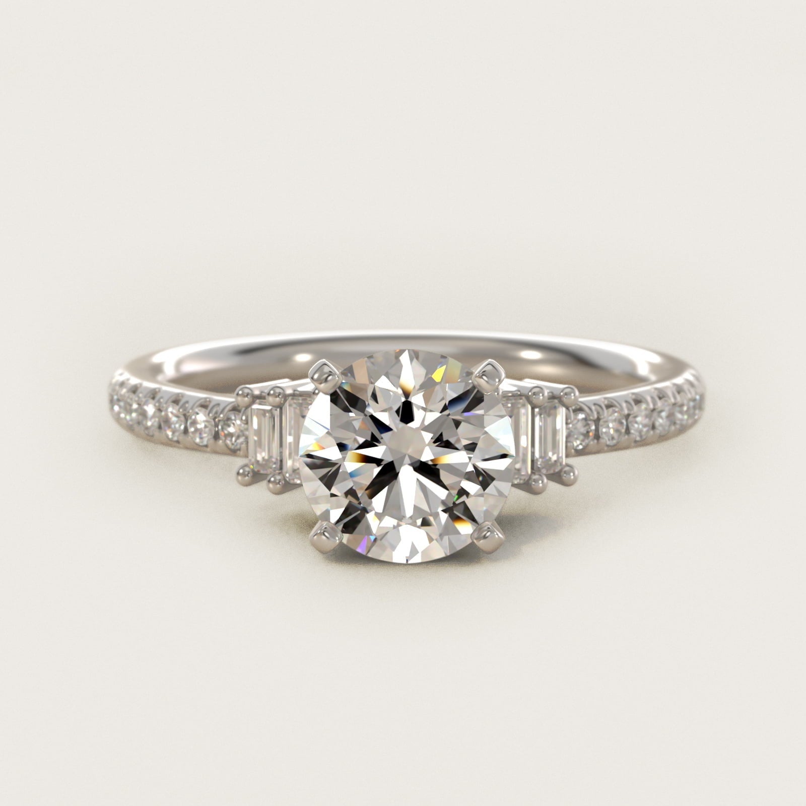 Petite Baguette and Pav? Diamond Engagement Ring in 18k White Gold - Round Center