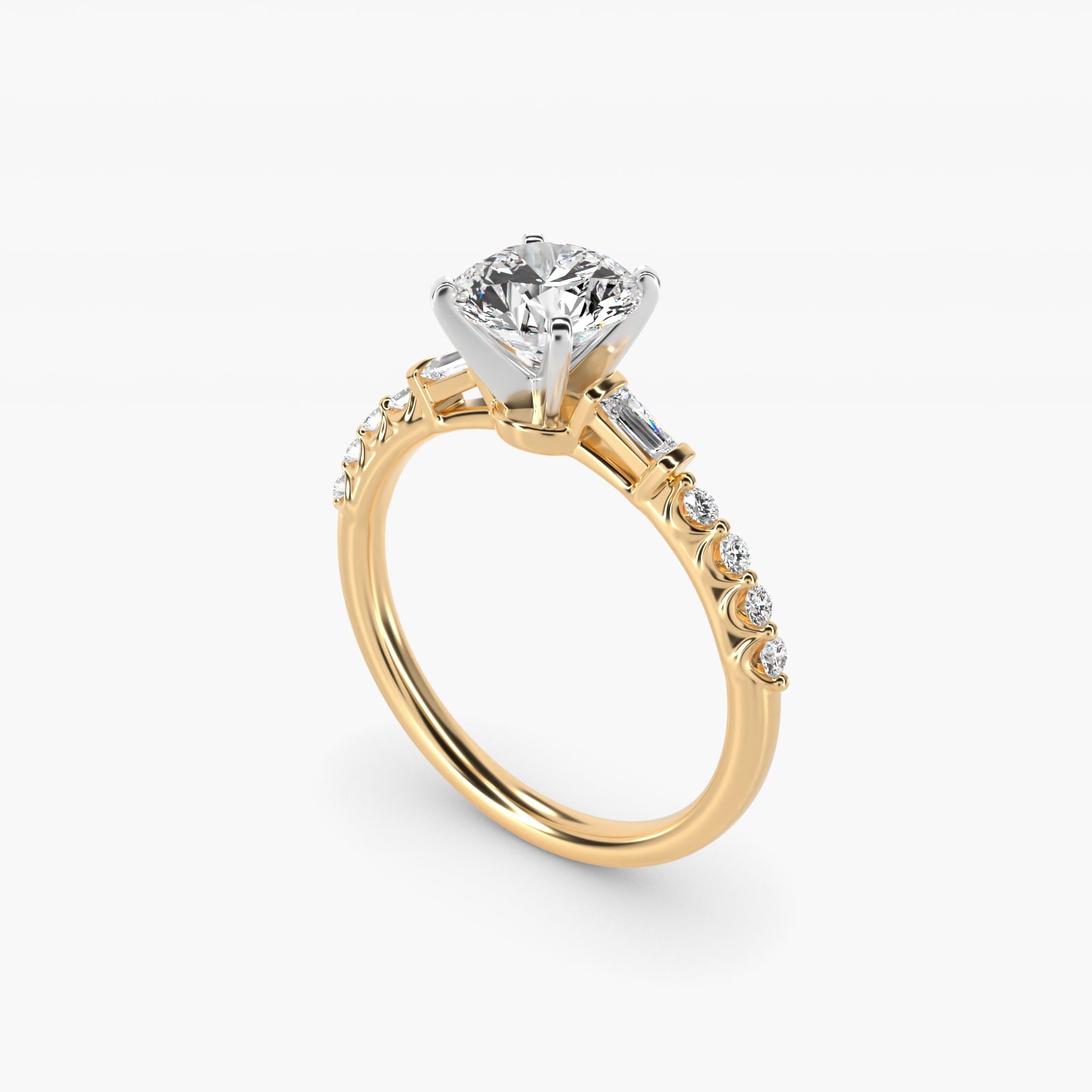Petite Baguette and Floating Round Diamond Engagement Ring in 18k Yellow Gold (1/5 ct. tw.) - Round Center
