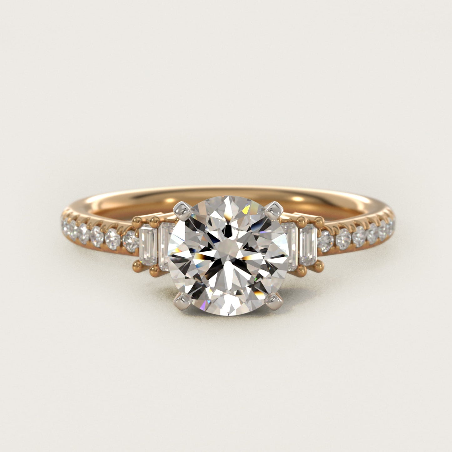 Petite Baguette and PavŽ Diamond Engagement Ring in 14k Yellow Gold - Round Center