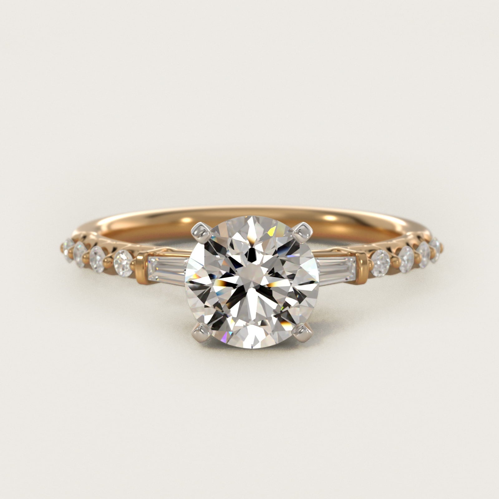 Petite Baguette and Floating Round Diamond Engagement Ring in 14k Yellow Gold (1/5 ct. tw.) - Round Center