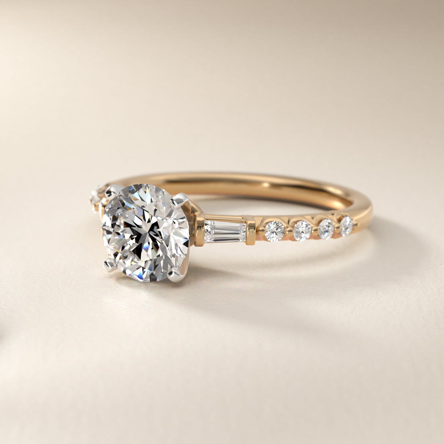 Petite Baguette and Floating Round Diamond Engagement Ring in 18k Yellow Gold (1/5 ct. tw.) - Round Center