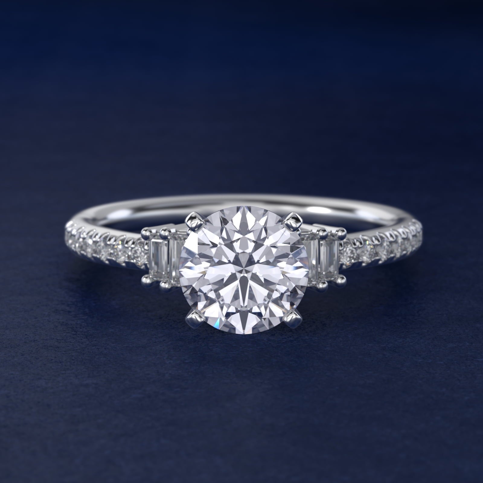 Petite Baguette and Pav? Diamond Engagement Ring in Platinum - Round Center