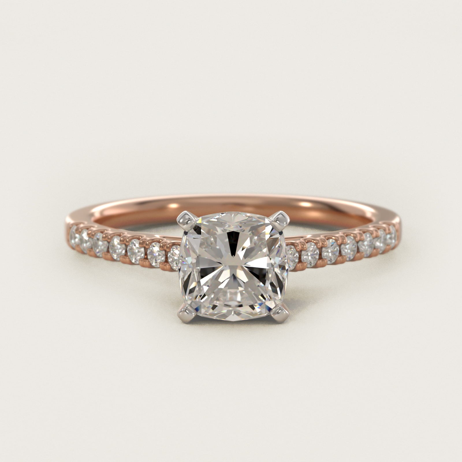 Petite Cathedral PavŽ Diamond Engagement Ring in 18k Rose Gold (1/6 ct. tw.) - Cushion Center