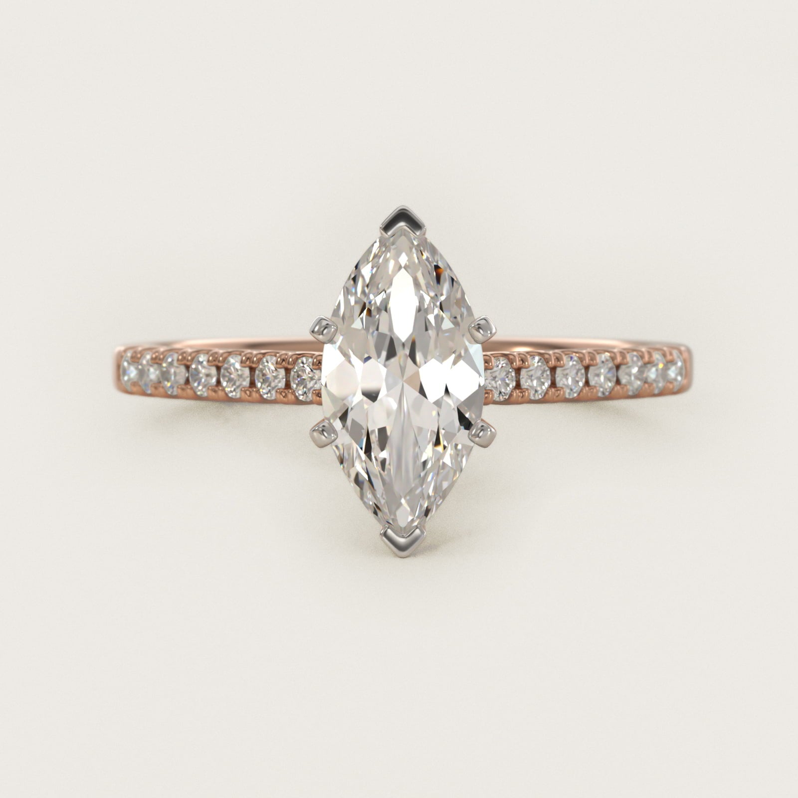 Petite Cathedral PavŽ Diamond Engagement Ring in 18k Rose Gold (1/6 ct. tw.) - Marquise Center