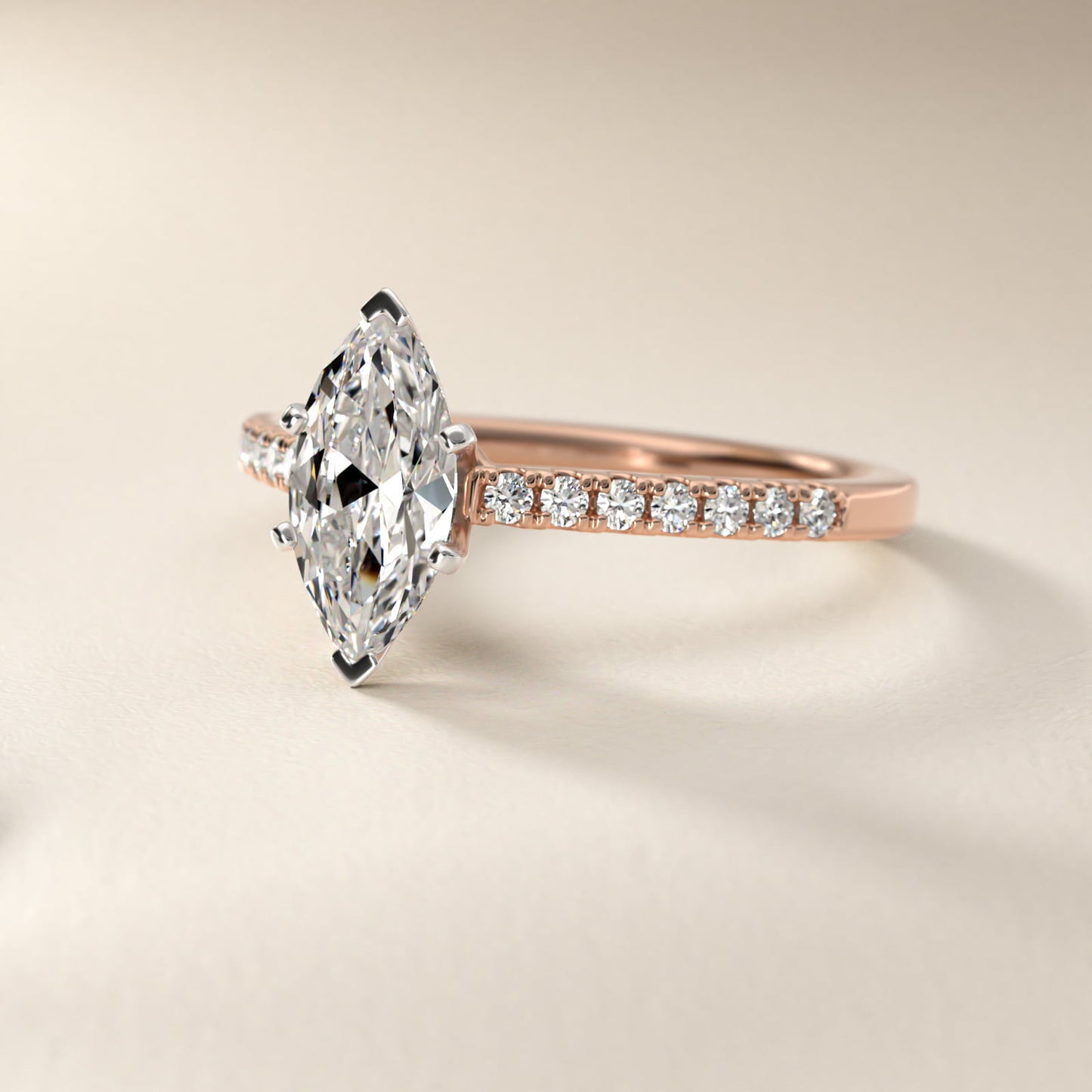 Petite Cathedral PavŽ Diamond Engagement Ring in 14k Rose Gold (1/6 ct. tw.) - Marquise Center
