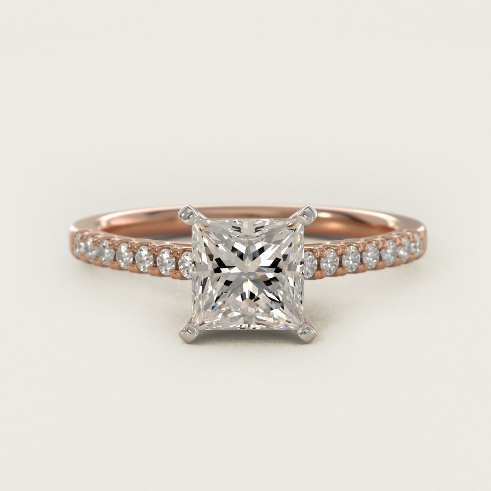 Petite Cathedral PavŽ Diamond Engagement Ring in 18k Rose Gold (1/6 ct. tw.) - Princess Center