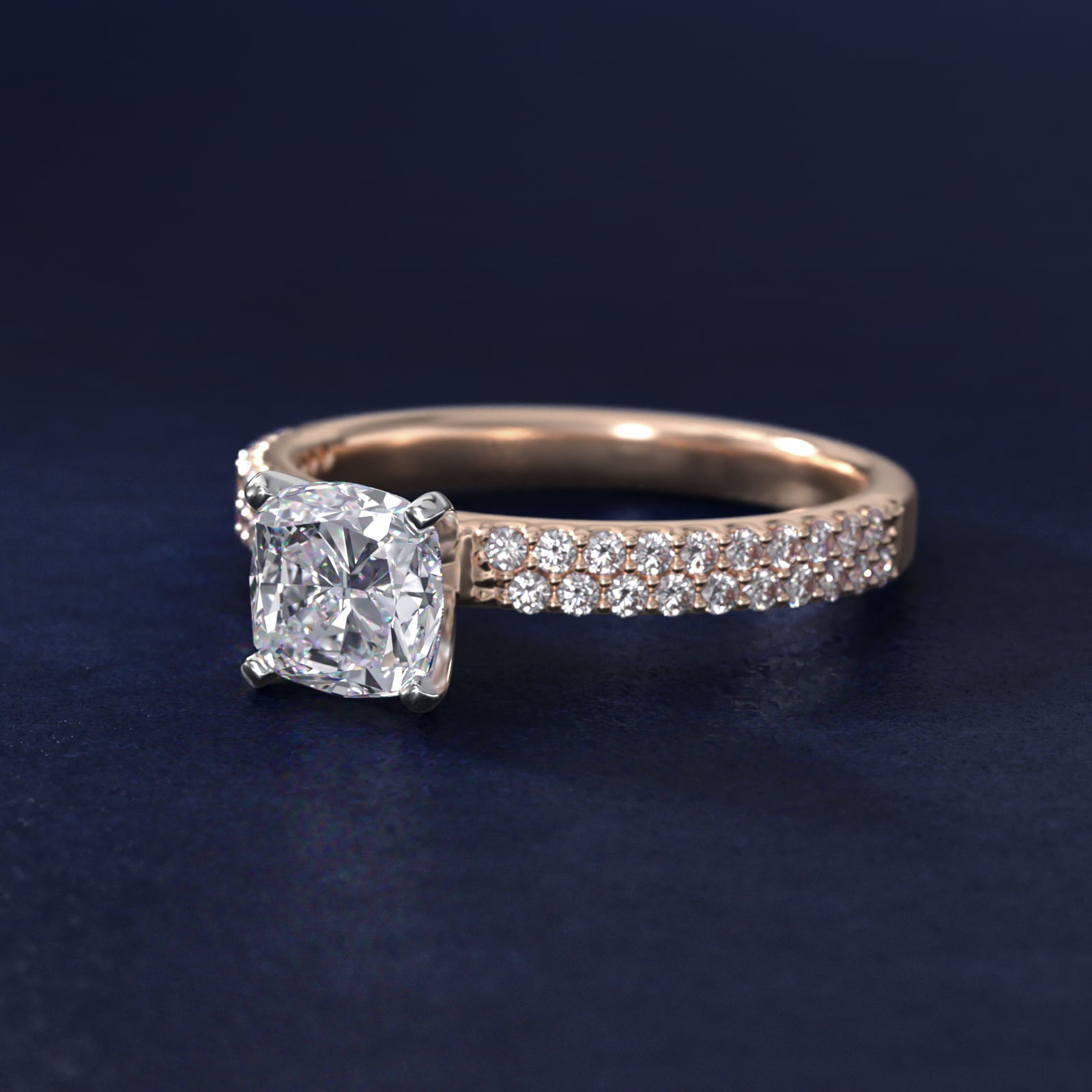Petite Double Row Diamond Engagement Ring in 14k Rose Gold - Cushion Center