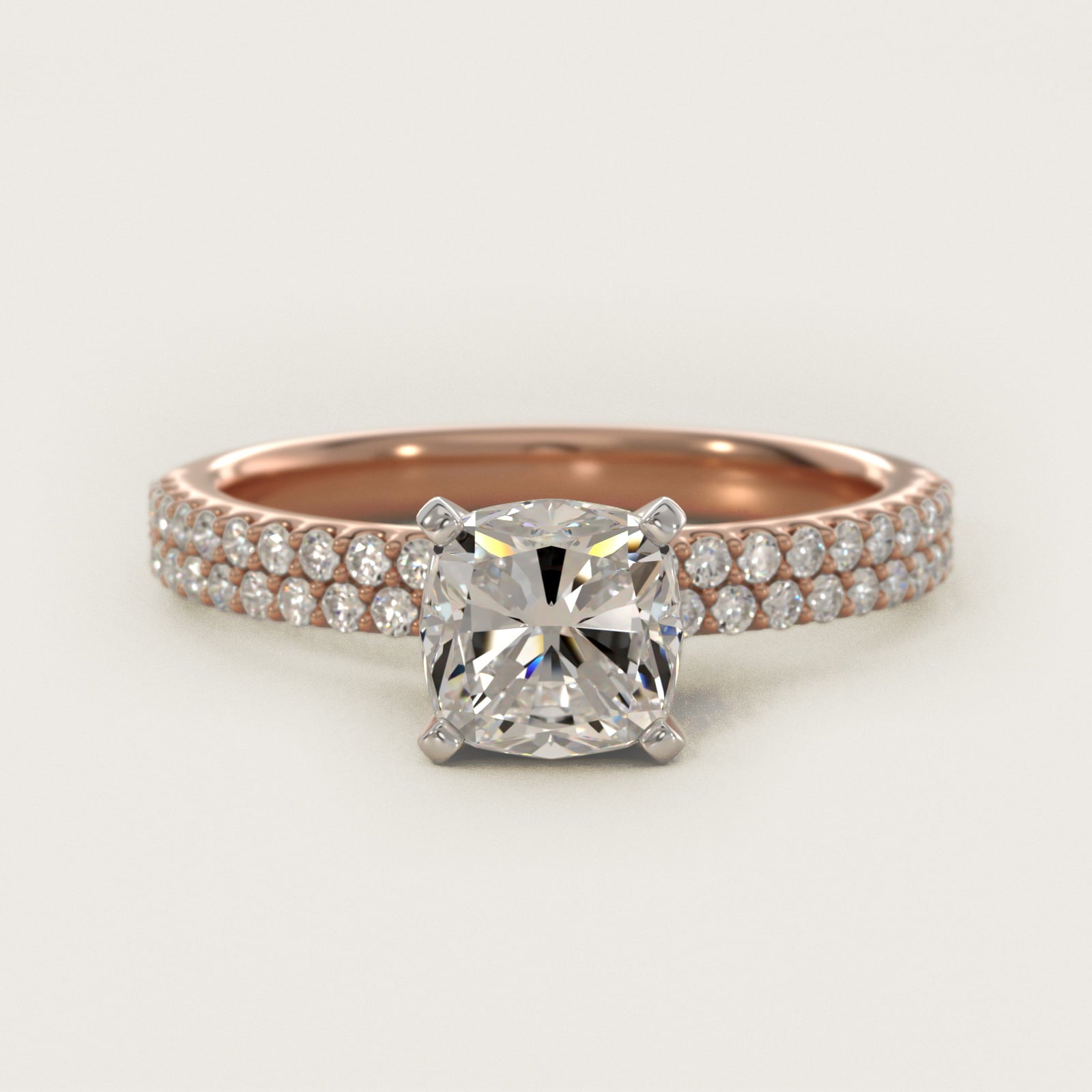 Petite Double Row Diamond Engagement Ring in 14k Rose Gold - Cushion Center