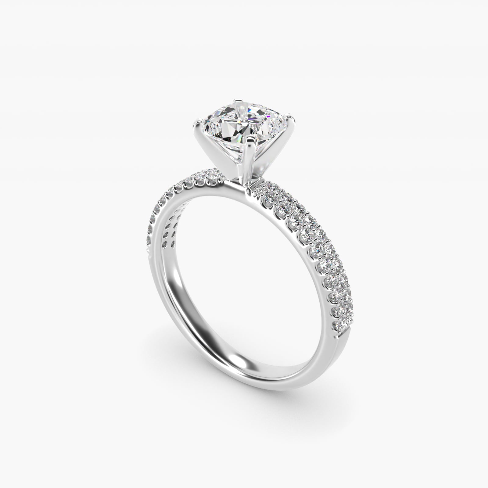 Petite Double Row Diamond Engagement Ring in 14k White Gold - Cushion Center