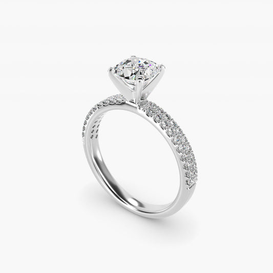 Petite Double Row Diamond Engagement Ring in 14k White Gold - Cushion Center
