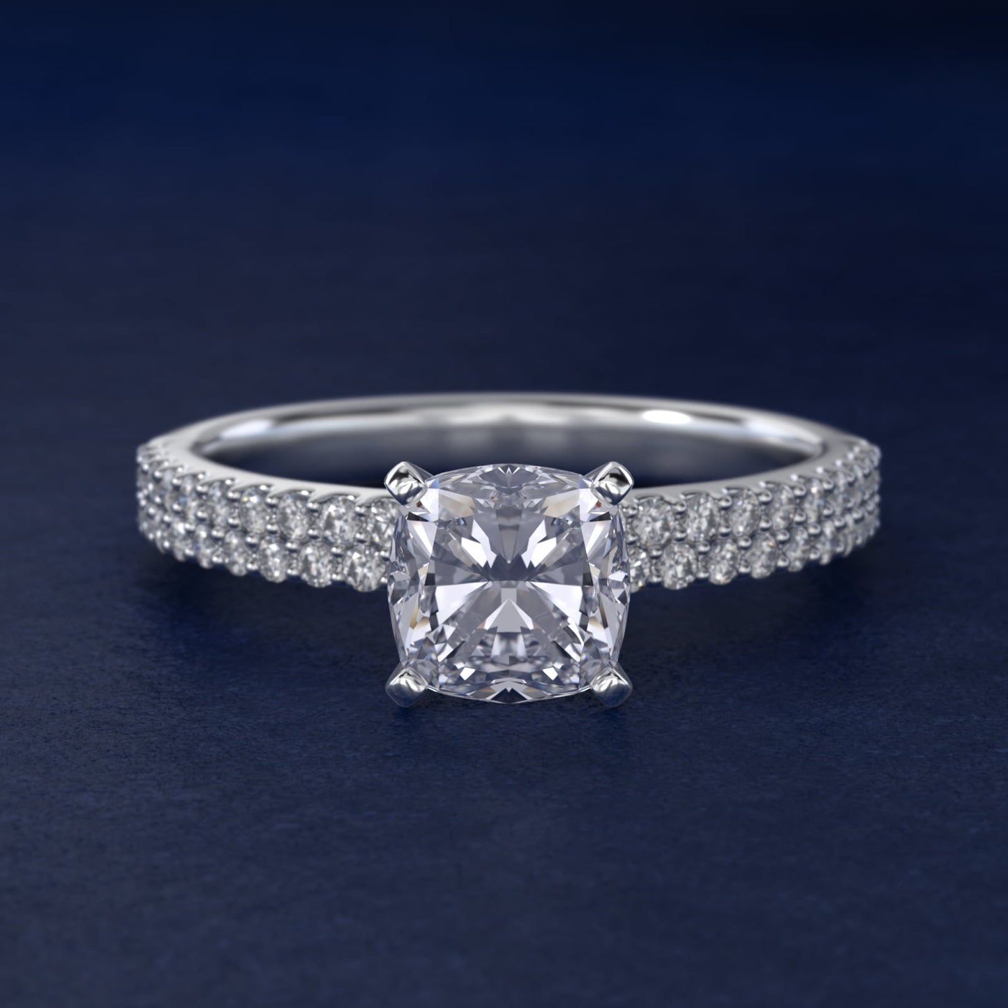 Petite Double Row Diamond Engagement Ring in 14k White Gold - Cushion Center