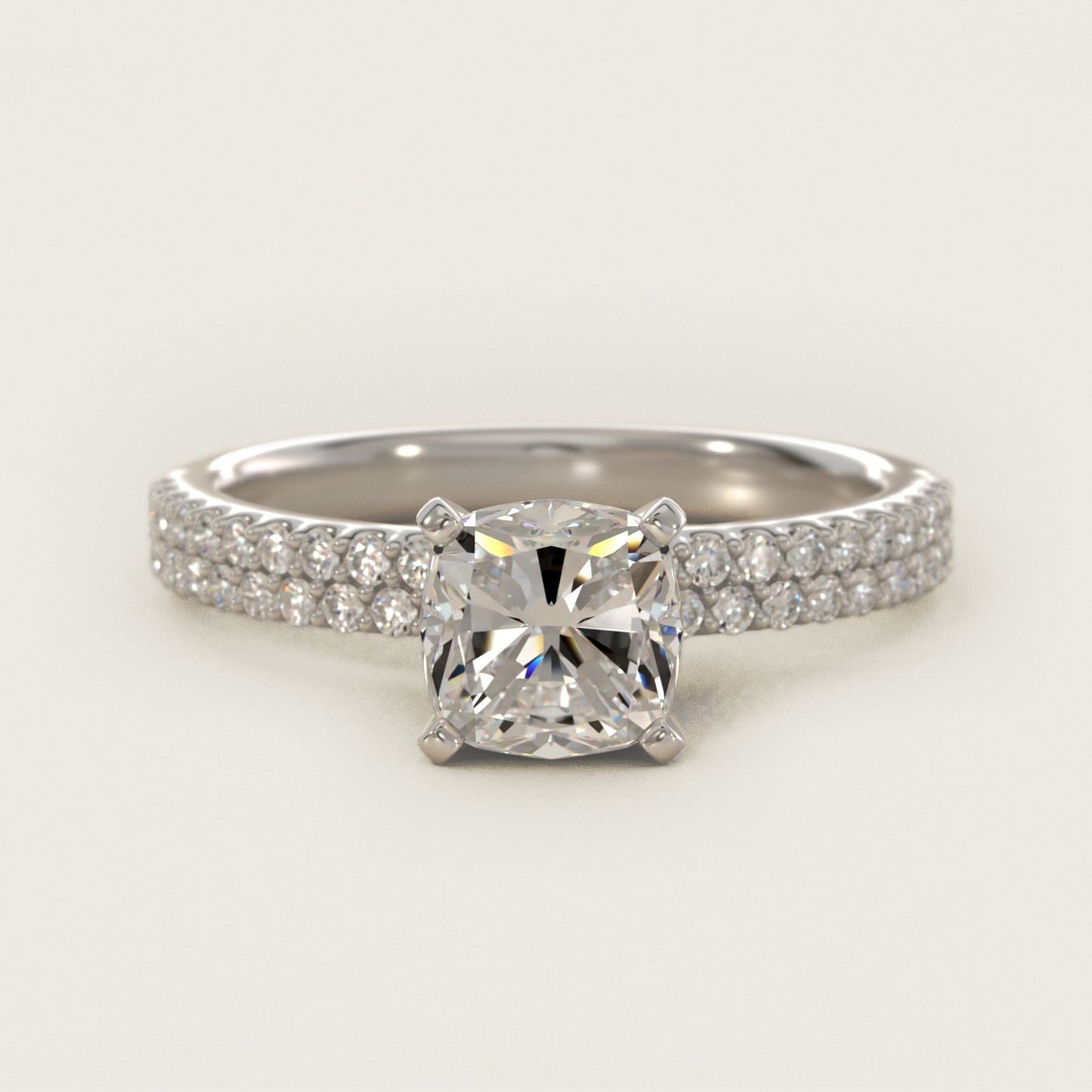Petite Double Row Diamond Engagement Ring in 18k White Gold - Cushion Center