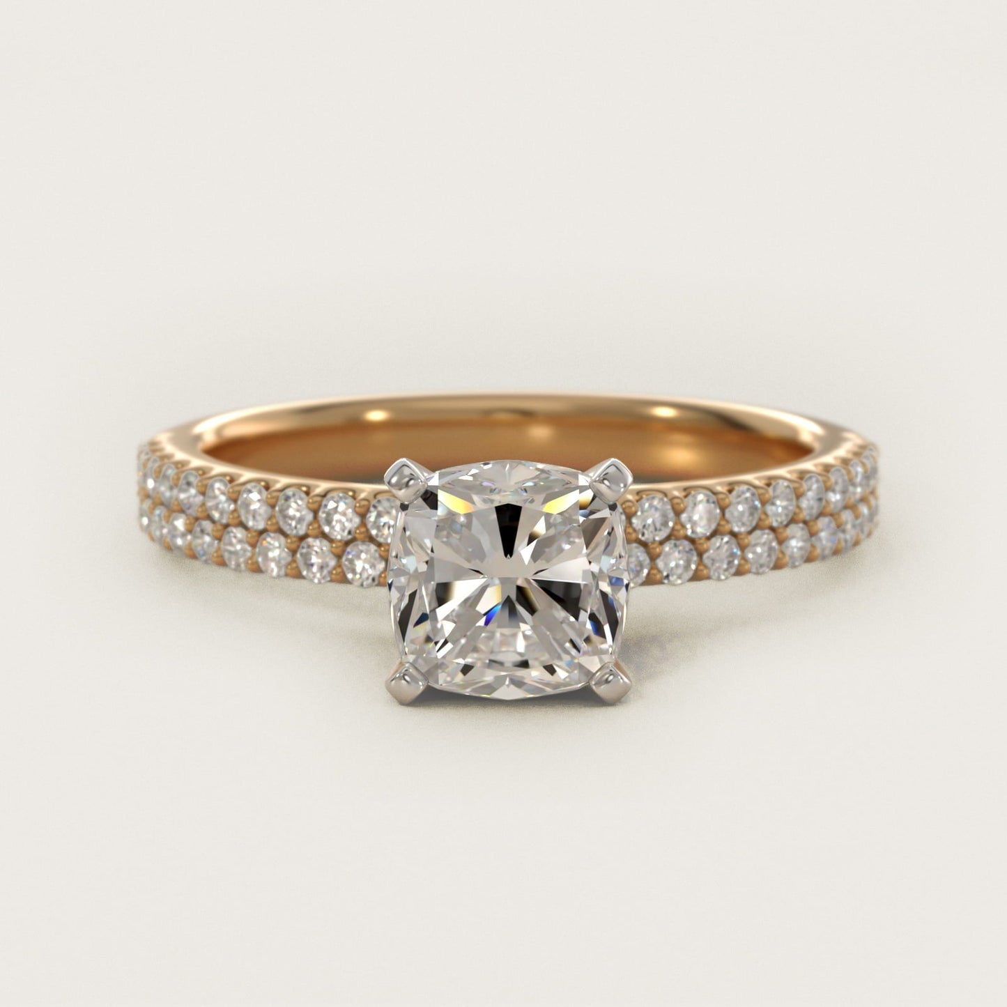 Petite Double Row Diamond Engagement Ring in 18k Yellow Gold - Cushion Center