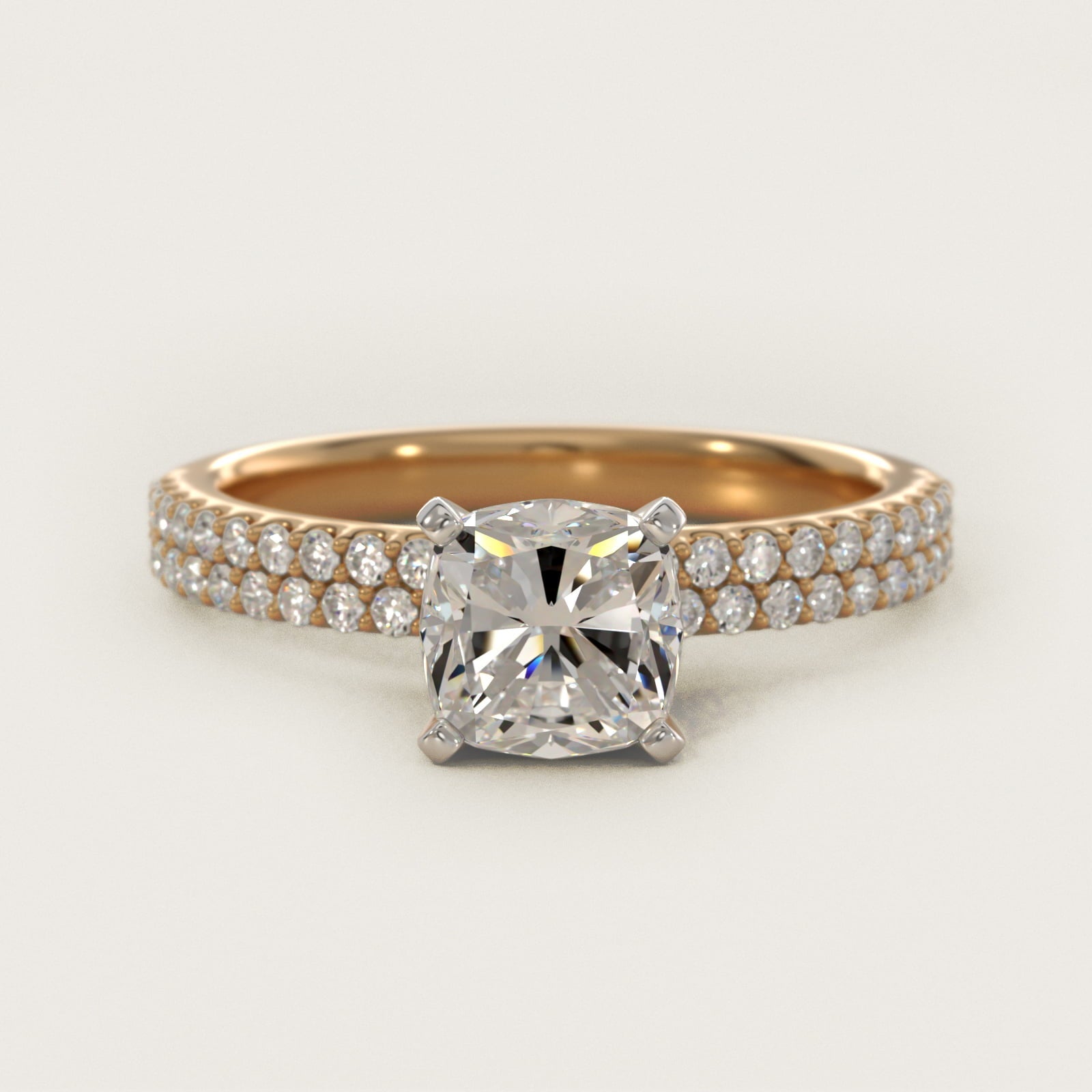 Petite Double Row Diamond Engagement Ring in 18k Yellow Gold - Cushion Center