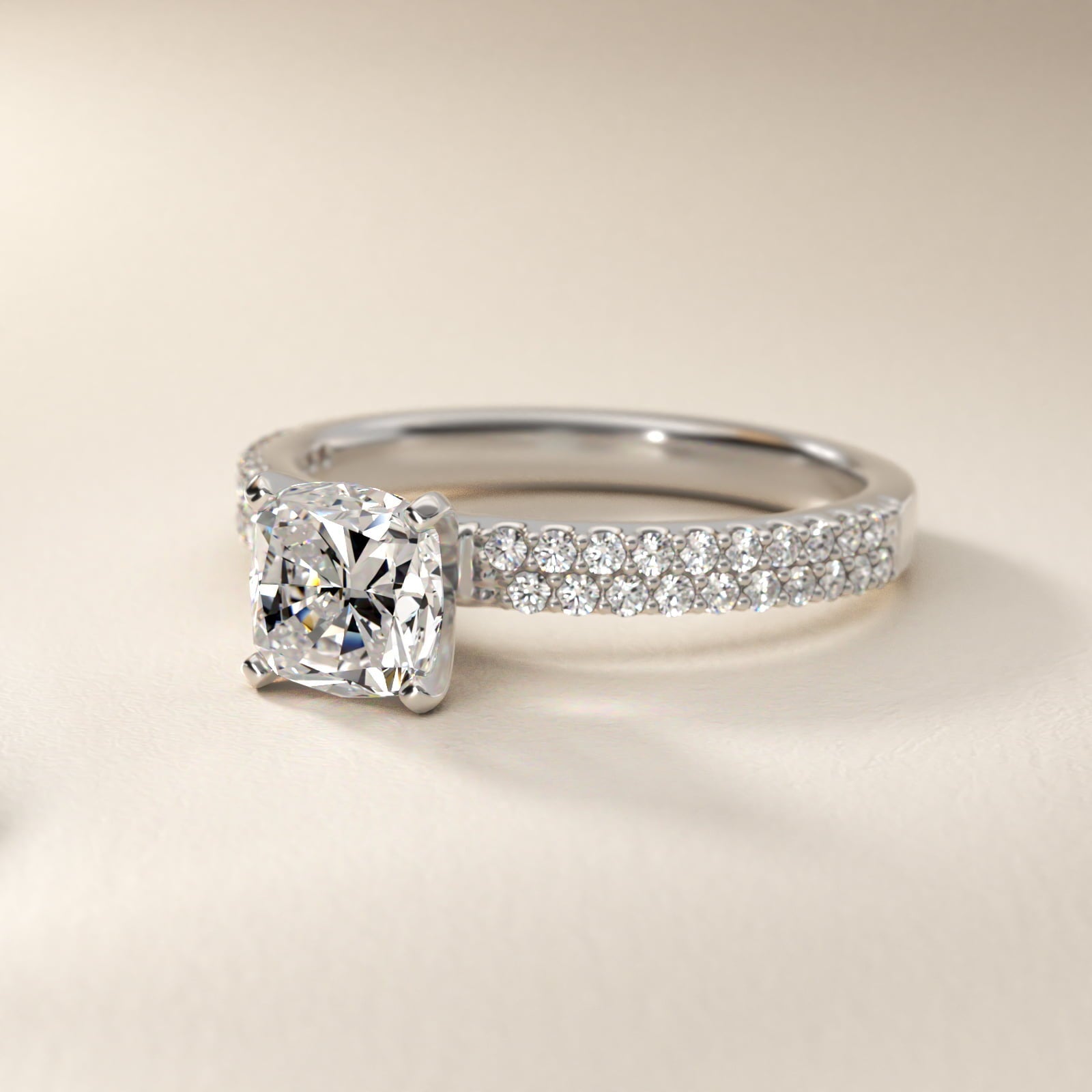 Petite Double Row Diamond Engagement Ring in Platinum - Cushion Center