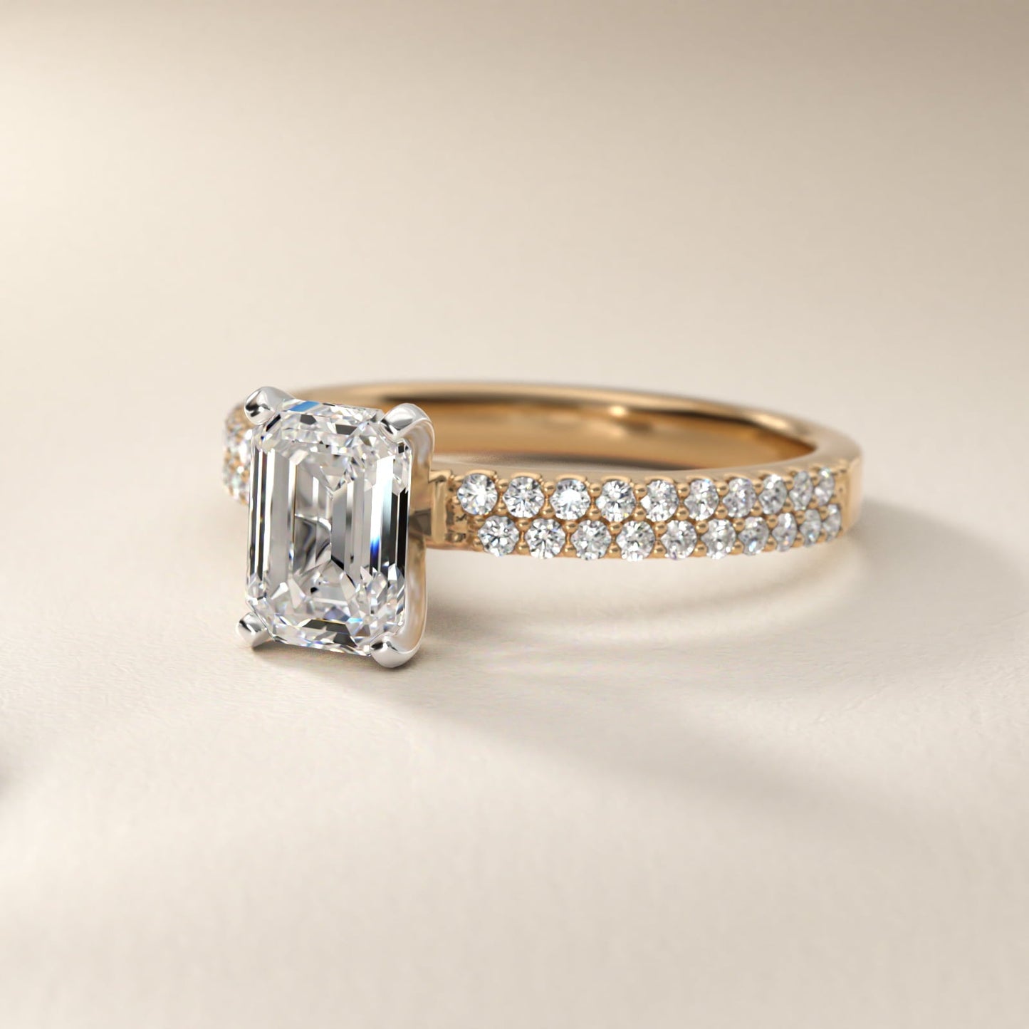 Petite Double Row Diamond Engagement Ring in 18k Yellow Gold - Emerald Center