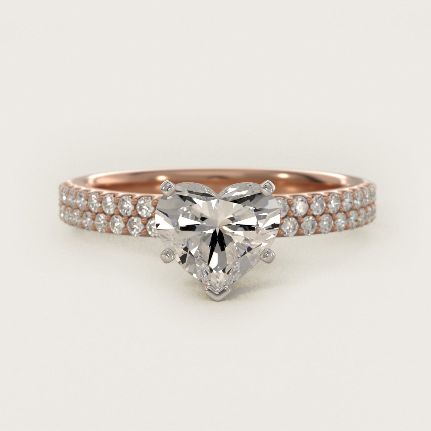 Petite Double Row Diamond Engagement Ring in 14k Rose Gold - Heart Center