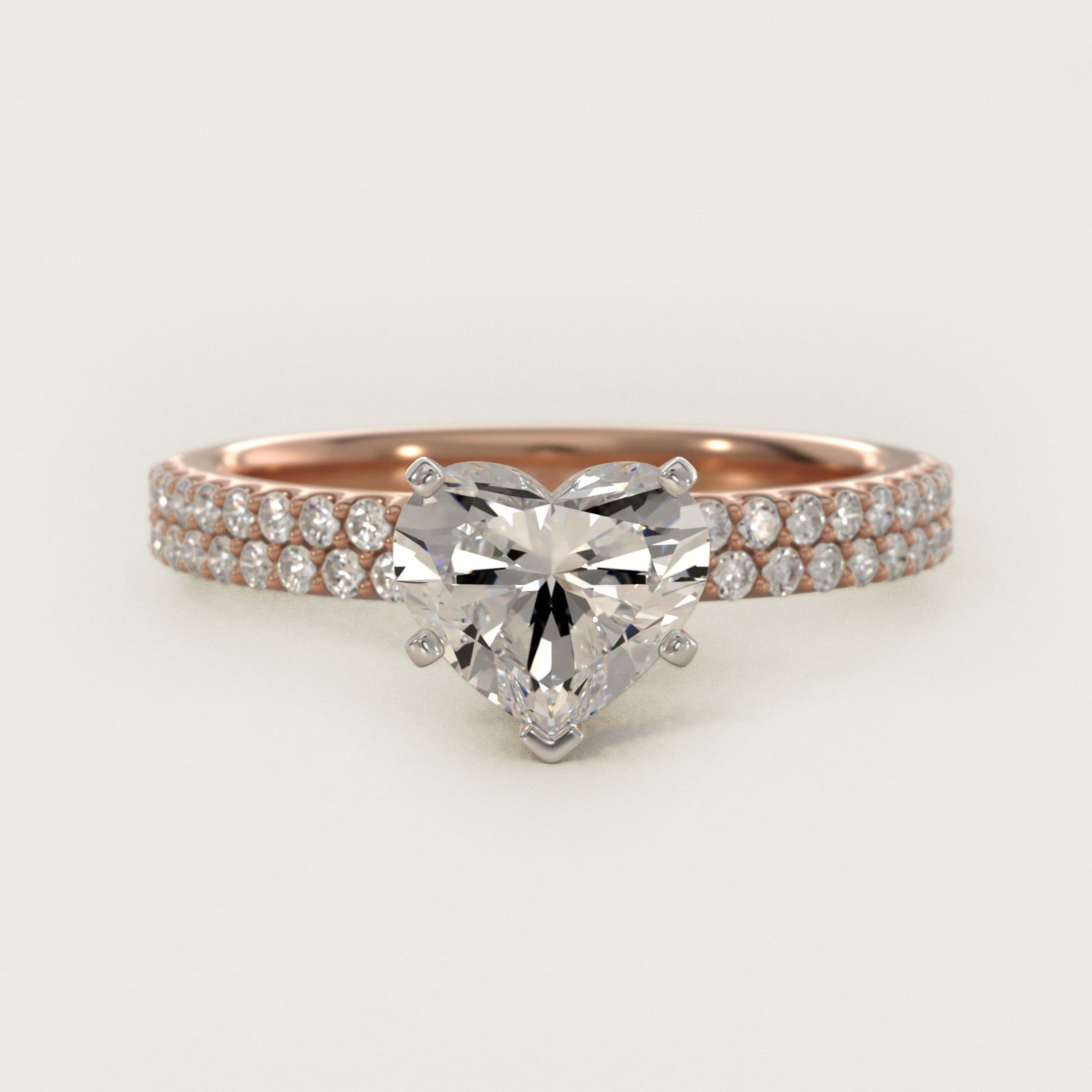 Petite Double Row Diamond Engagement Ring in 14k Rose Gold - Heart Center