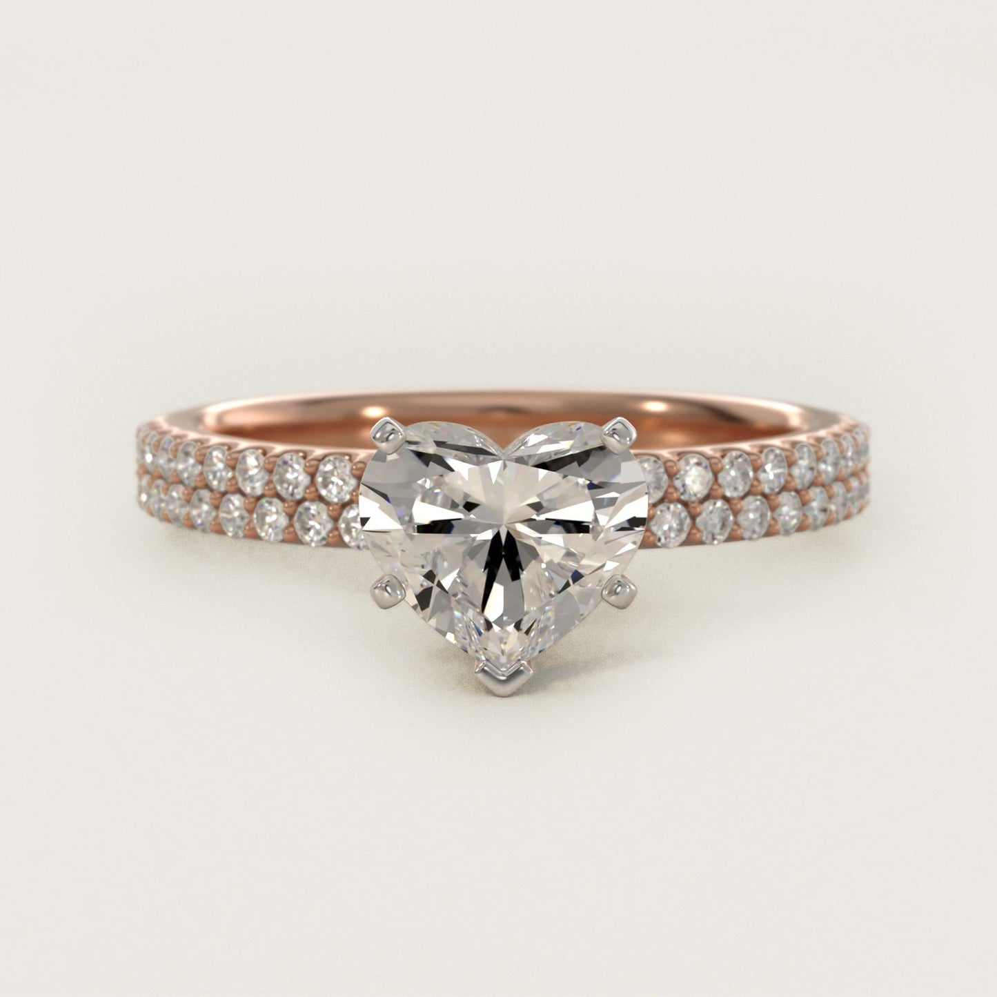 Petite Double Row Diamond Engagement Ring in 18k Rose Gold - Heart Center
