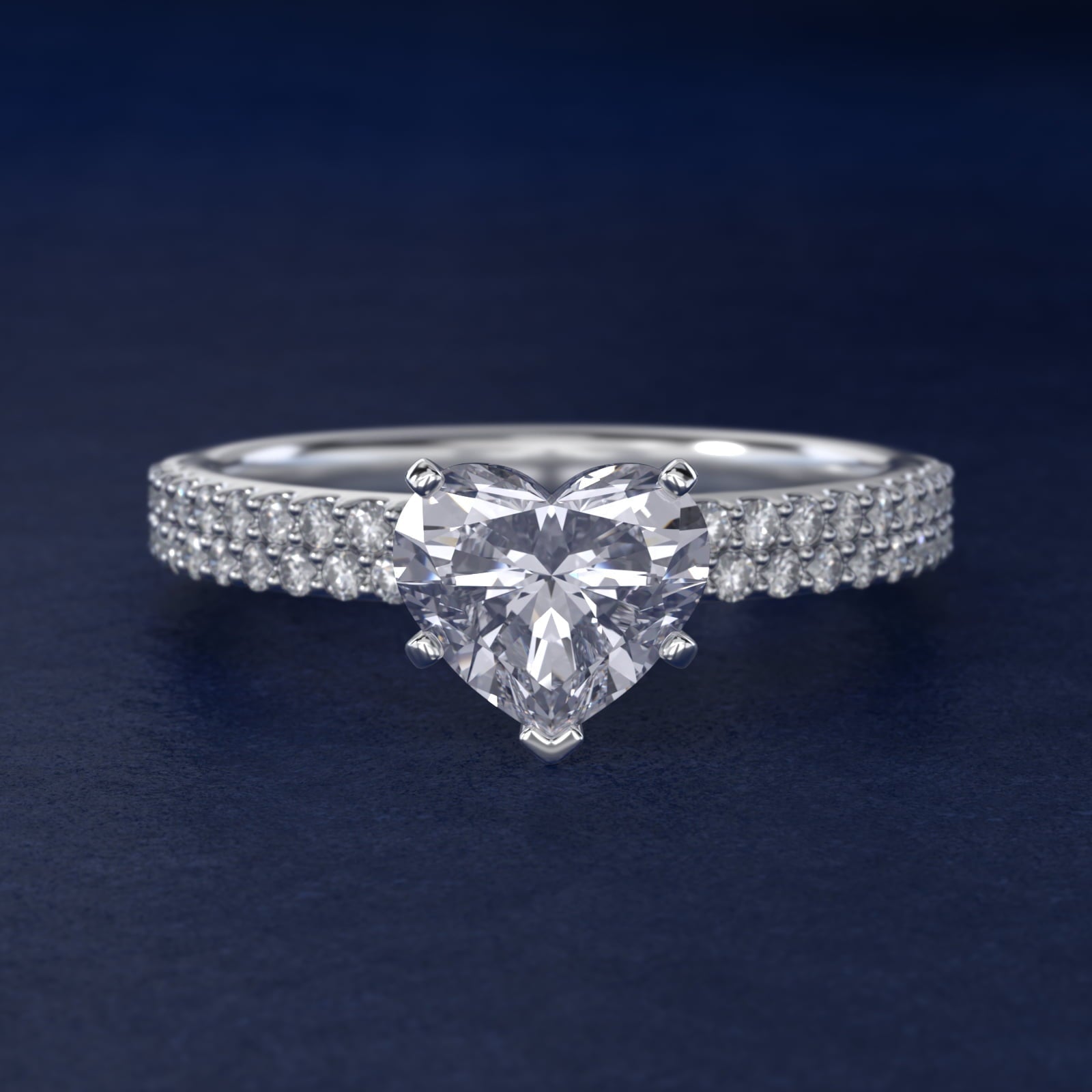 Petite Double Row Diamond Engagement Ring in 18k White Gold - Heart Center
