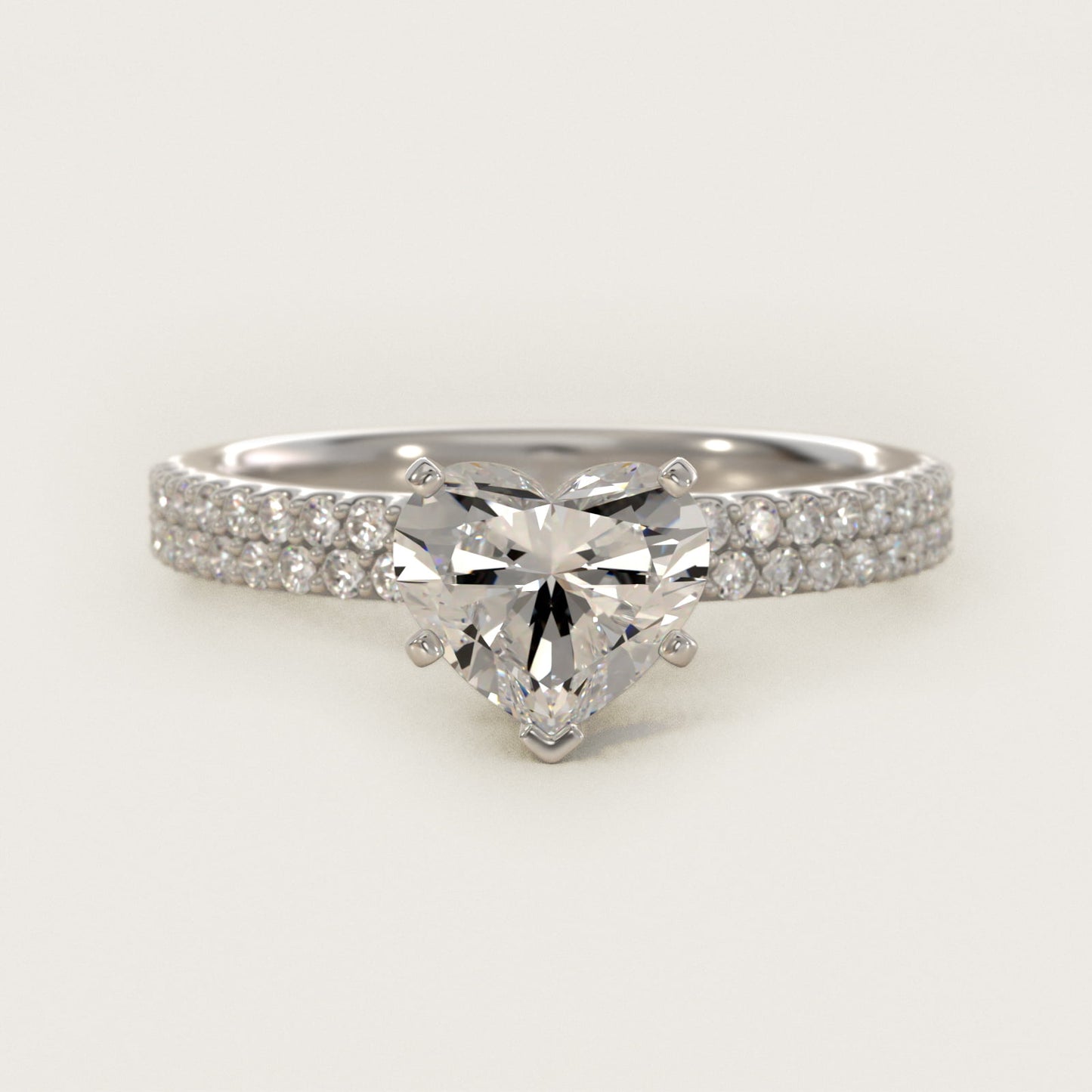 Petite Double Row Diamond Engagement Ring in 14k White Gold - Heart Center