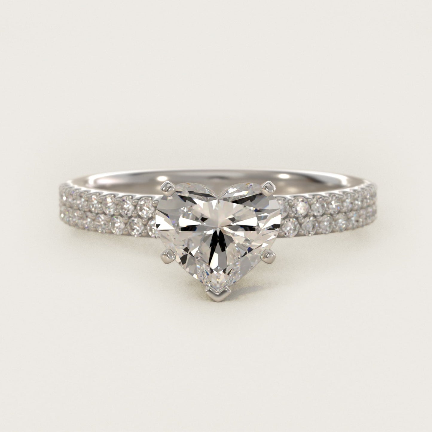 Petite Double Row Diamond Engagement Ring in 18k White Gold - Heart Center