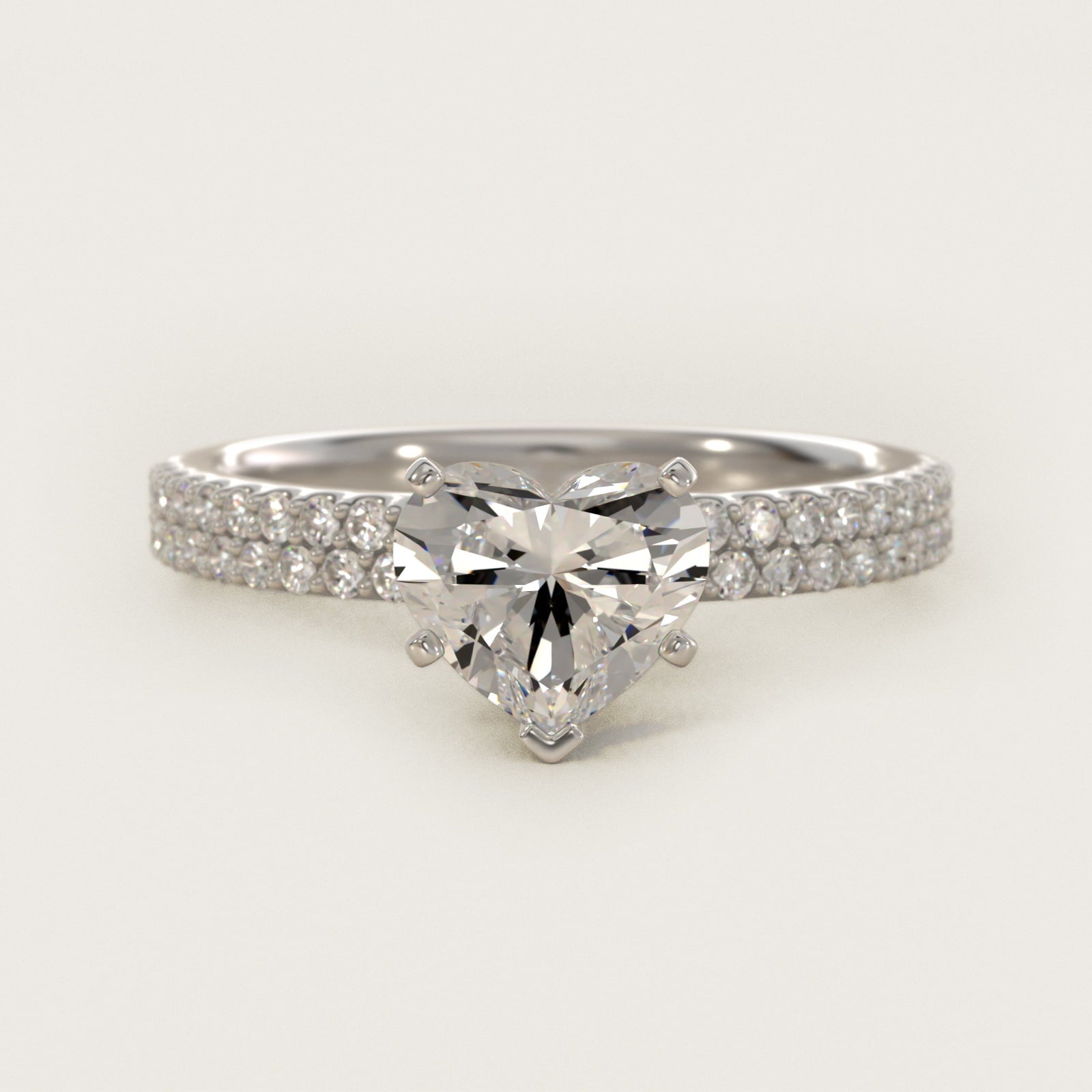 Petite Double Row Diamond Engagement Ring in 18k White Gold - Heart Center