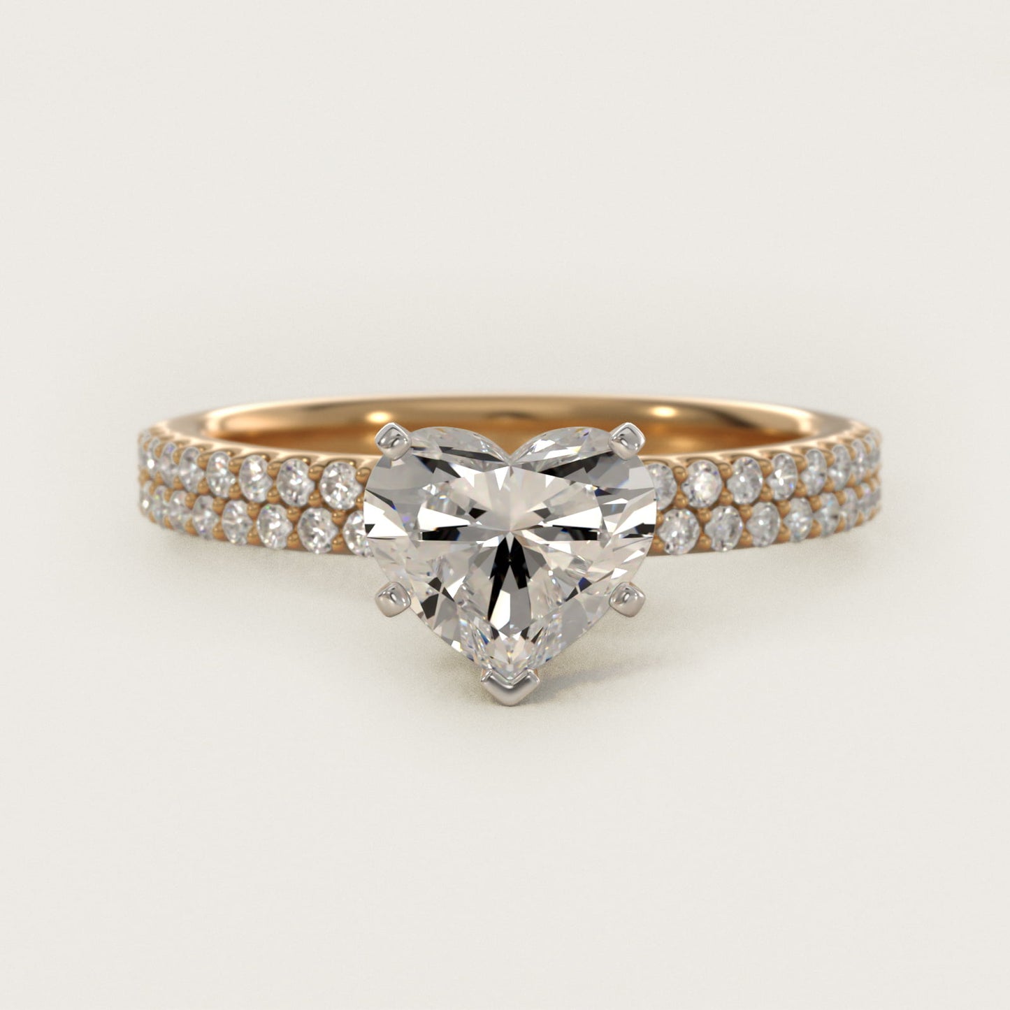 Petite Double Row Diamond Engagement Ring in 14k Yellow Gold - Heart Center