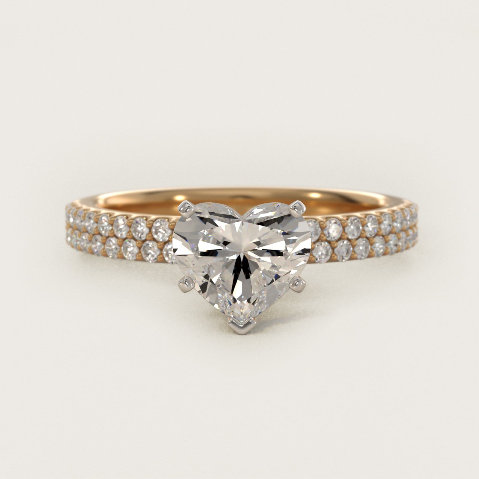 Petite Double Row Diamond Engagement Ring in 14k Yellow Gold - Heart Center