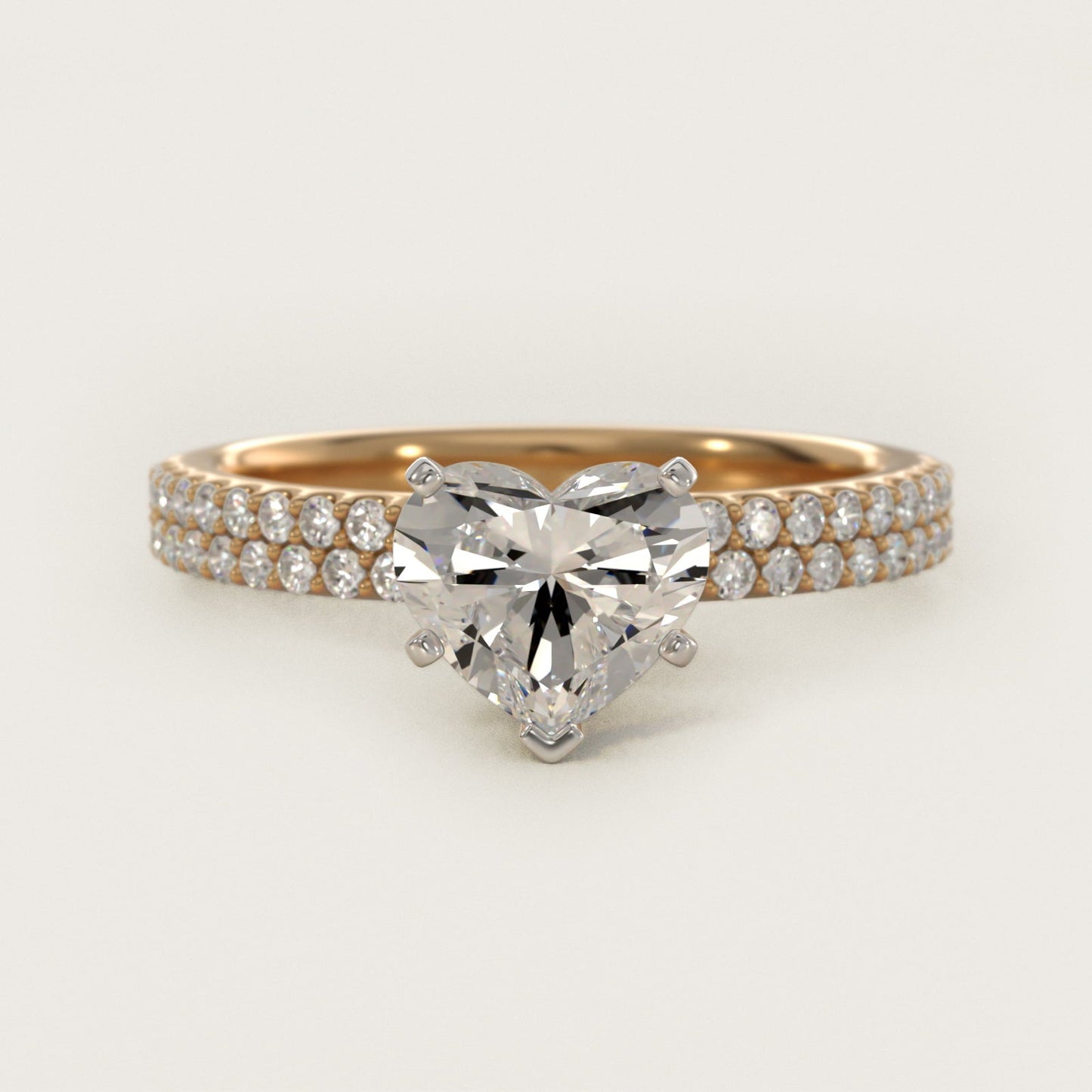 Petite Double Row Diamond Engagement Ring in 18k Yellow Gold - Heart Center