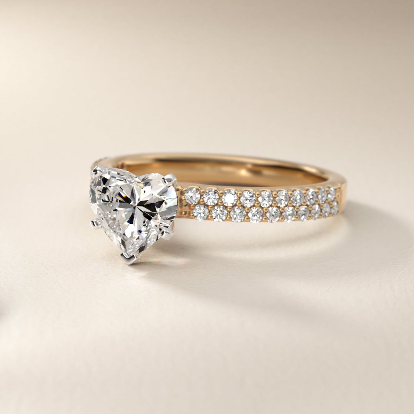 Petite Double Row Diamond Engagement Ring in 18k Yellow Gold - Heart Center