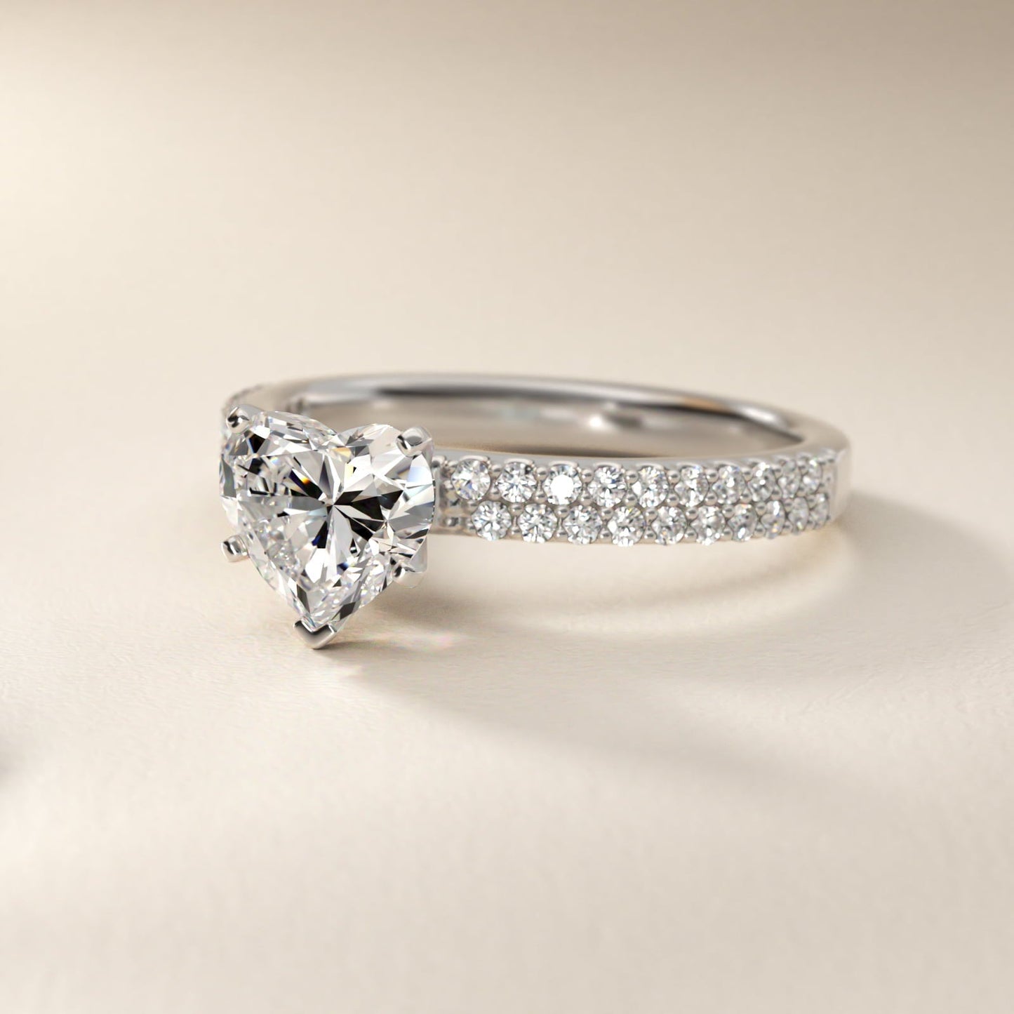 Petite Double Row Diamond Engagement Ring in Platinum - Heart Center