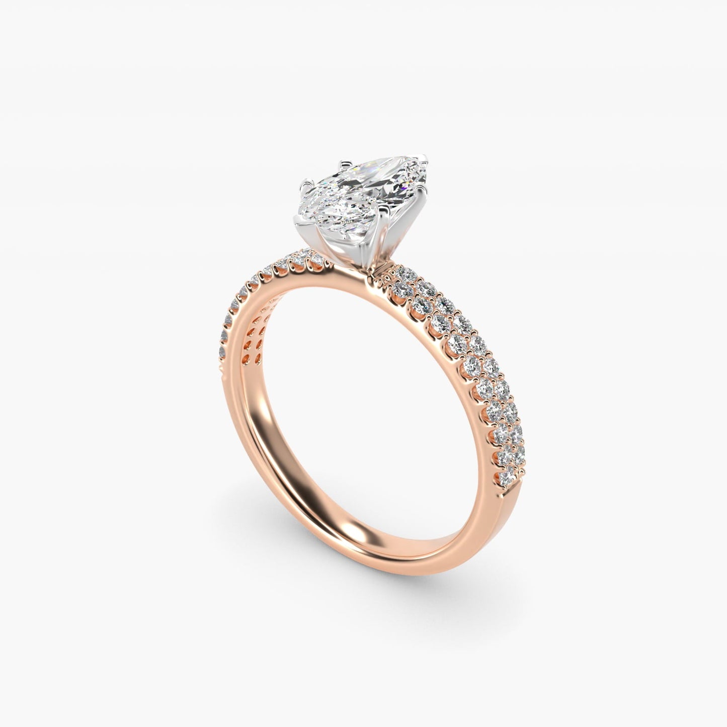 Petite Double Row Diamond Engagement Ring in 18k Rose Gold - Marquise Center