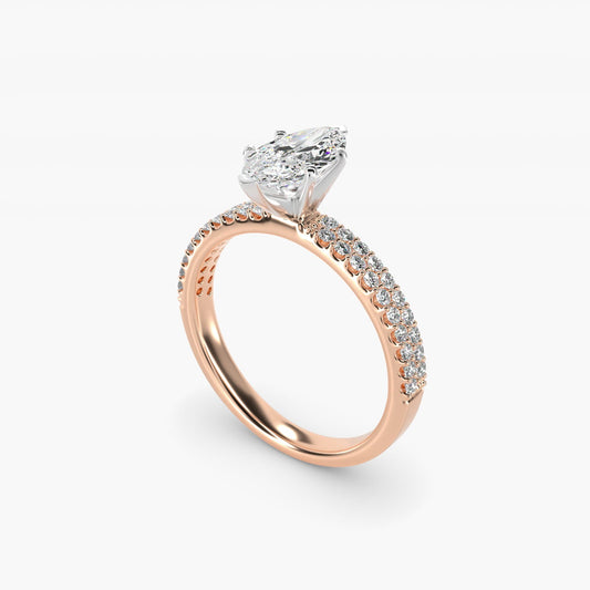 Petite Double Row Diamond Engagement Ring in 18k Rose Gold - Marquise Center