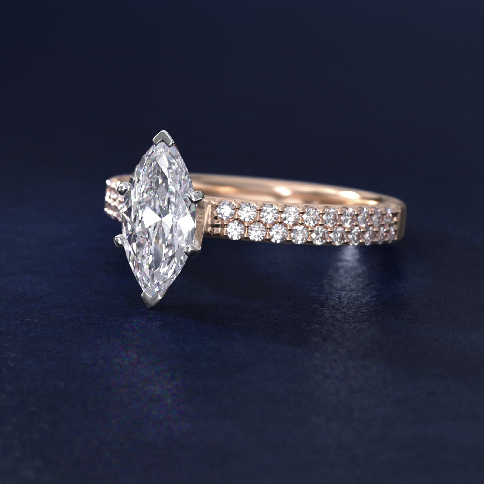Petite Double Row Diamond Engagement Ring in 14k Rose Gold - Marquise Center