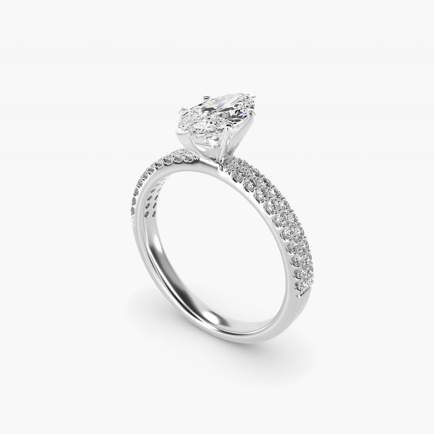 Petite Double Row Diamond Engagement Ring in 14k White Gold - Marquise Center