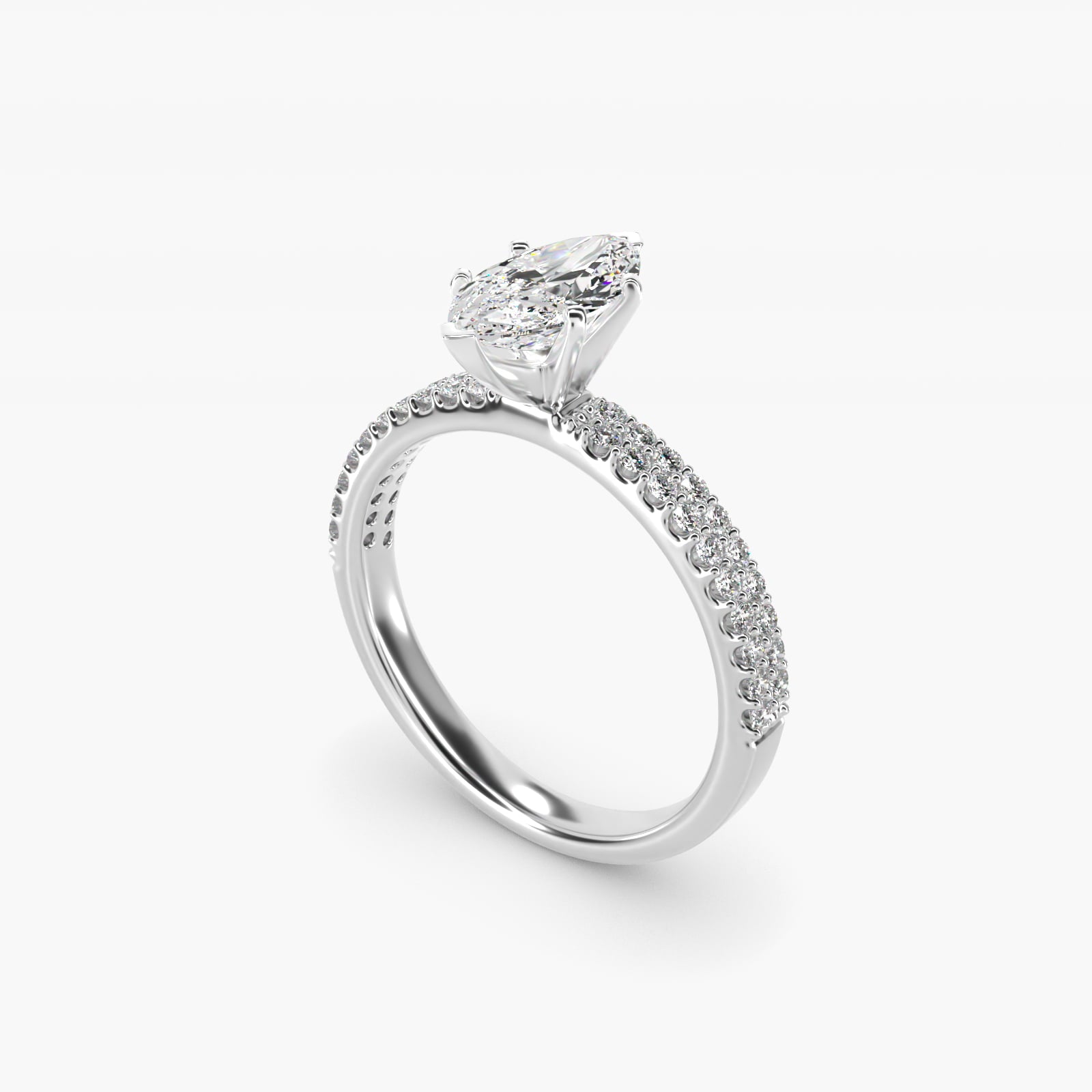 Petite Double Row Diamond Engagement Ring in 14k White Gold - Marquise Center