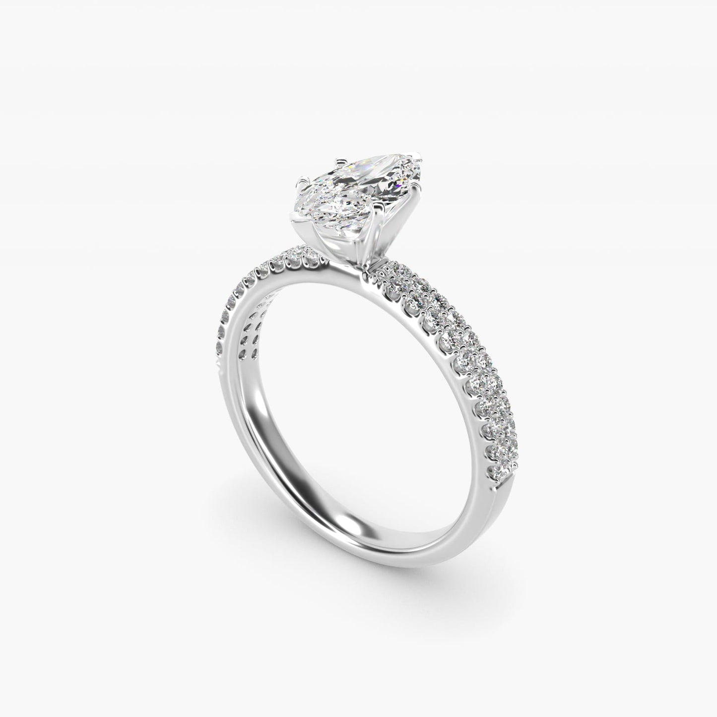 Petite Double Row Diamond Engagement Ring in 18k White Gold - Marquise Center