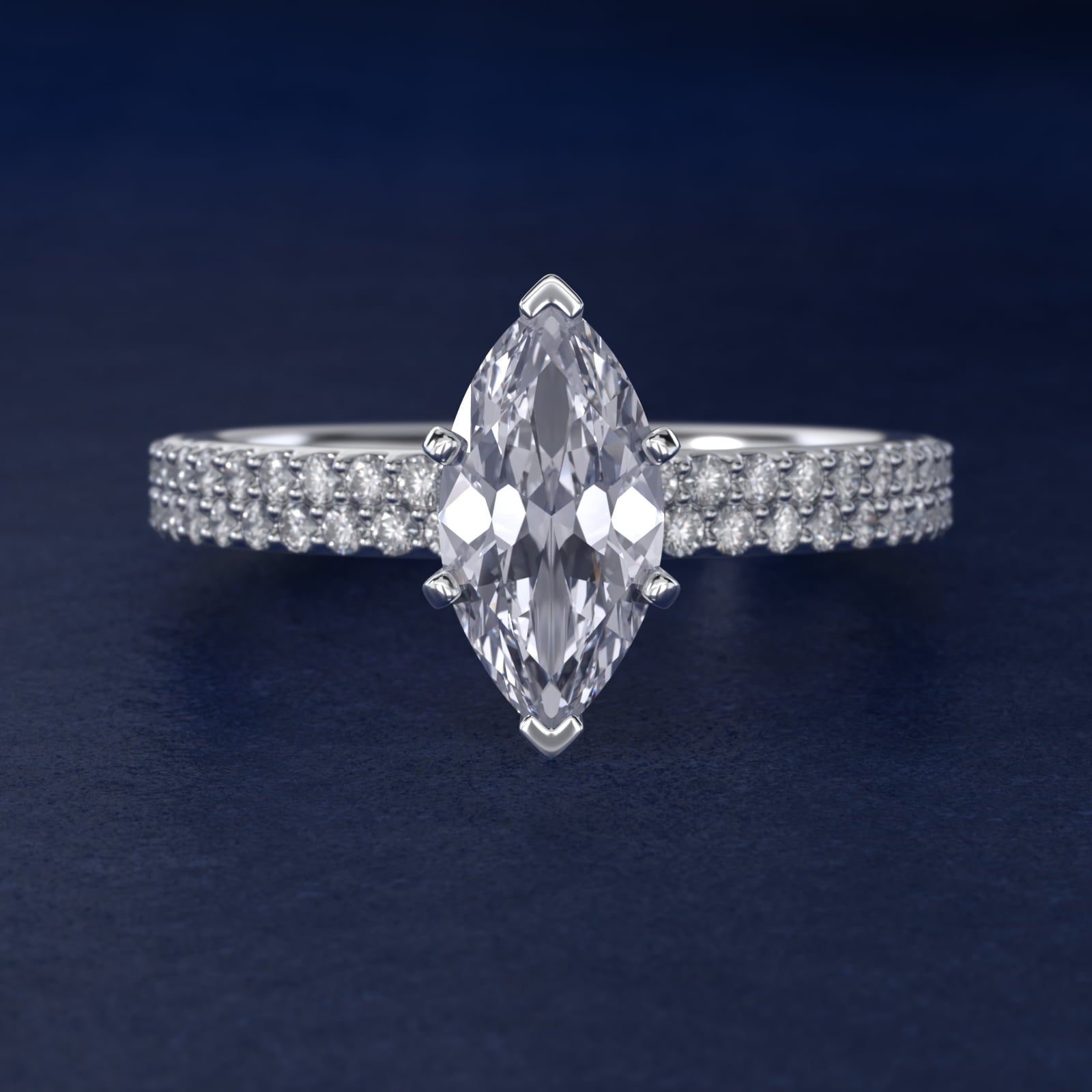 Petite Double Row Diamond Engagement Ring in 14k White Gold - Marquise Center