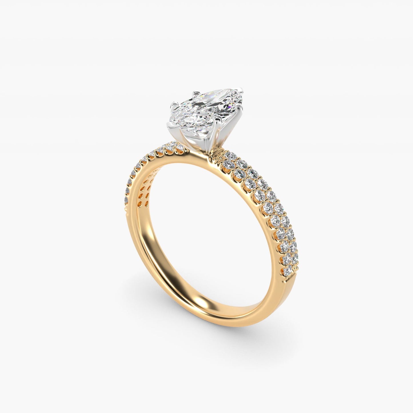 Petite Double Row Diamond Engagement Ring in 18k Yellow Gold - Marquise Center